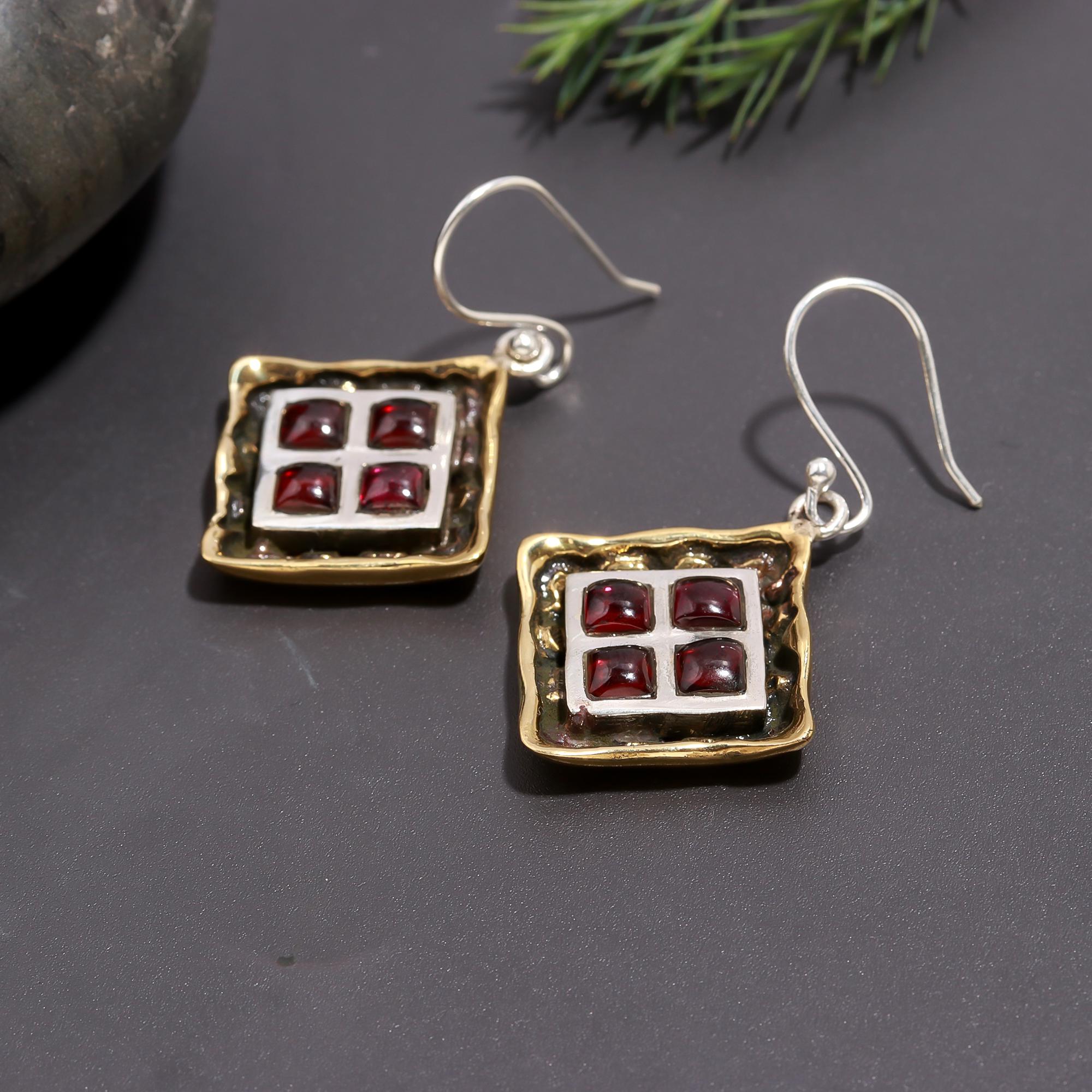 925 Silver Garnet Grid Dangle Earrings