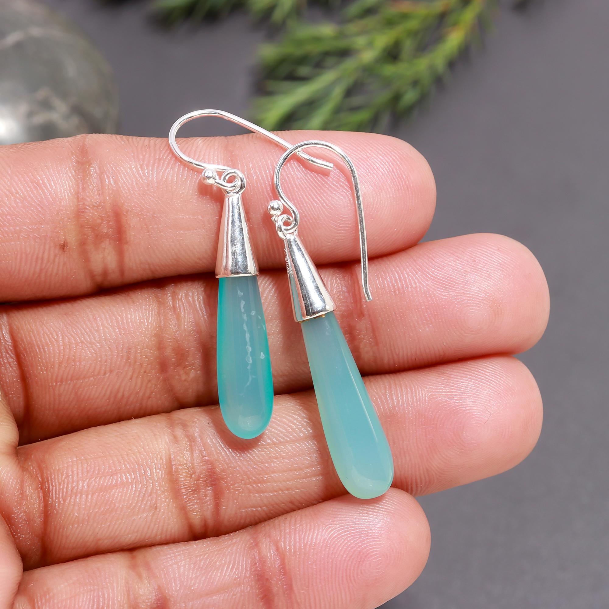 925 Silver Blue Green Chalcedony Teardrop Dangle Earrings