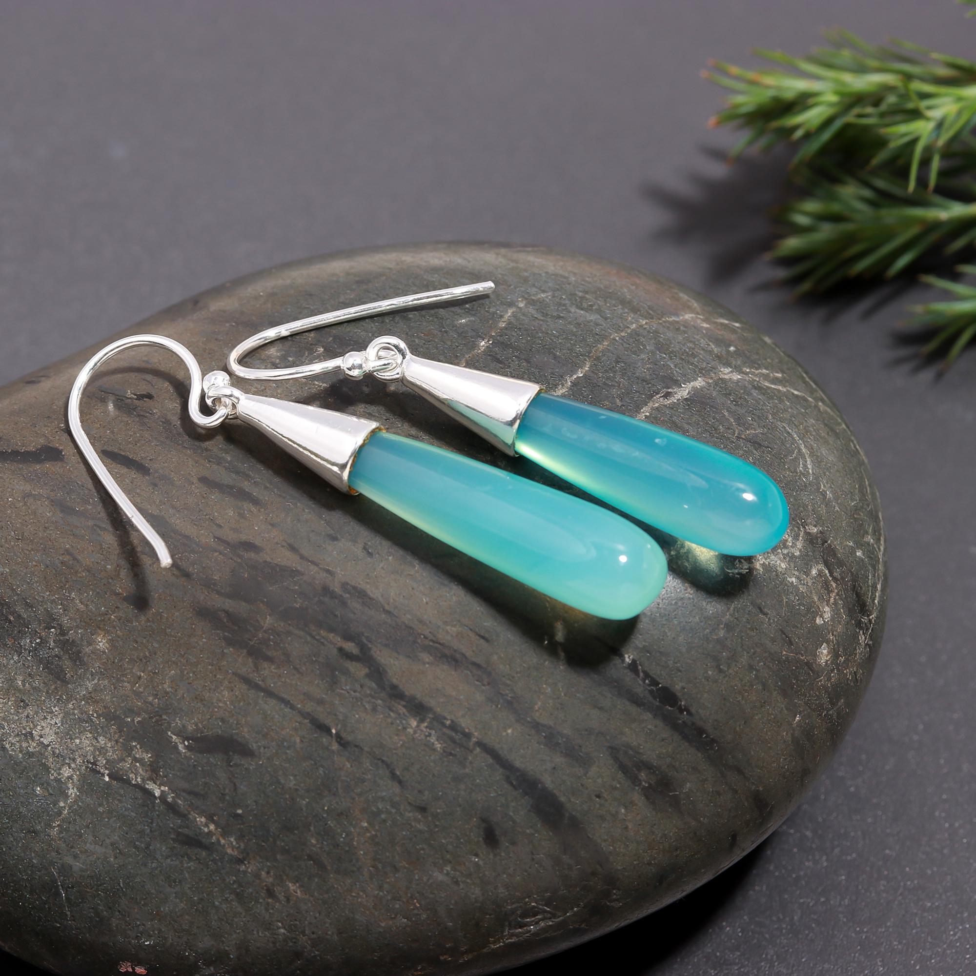 925 Silver Blue Green Chalcedony Teardrop Dangle Earrings