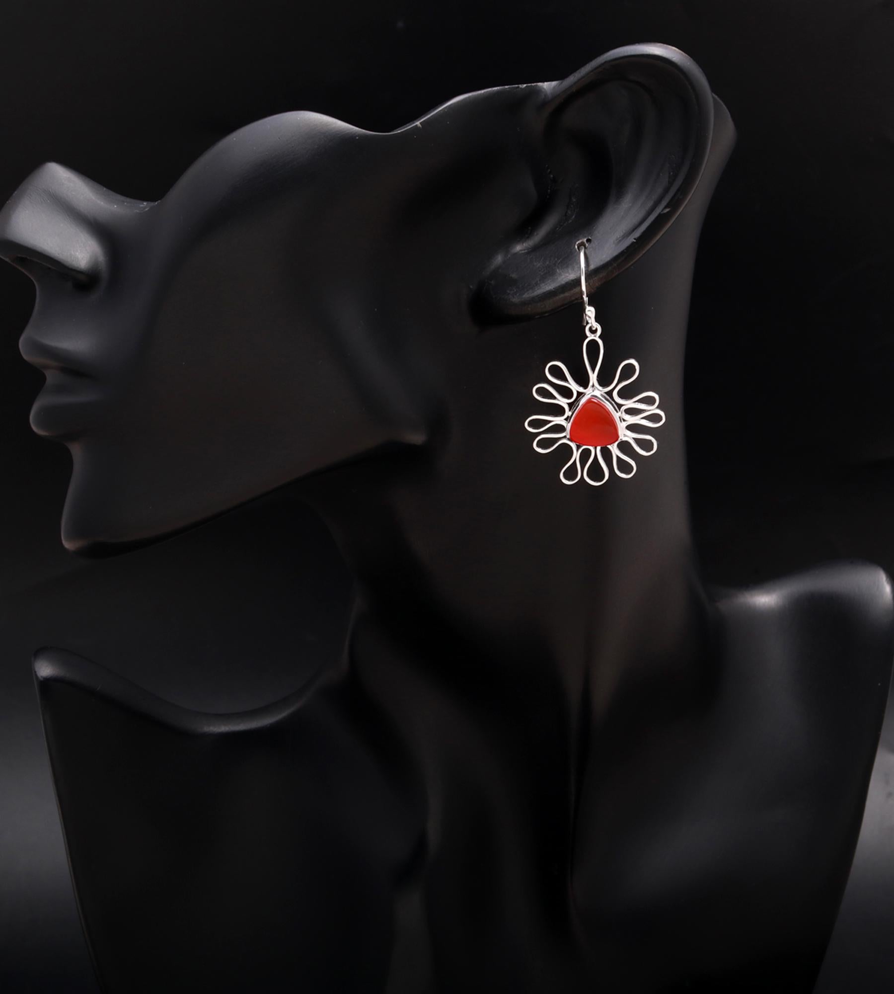 925 Silver Sunburst Carnelian Dangle Earrings