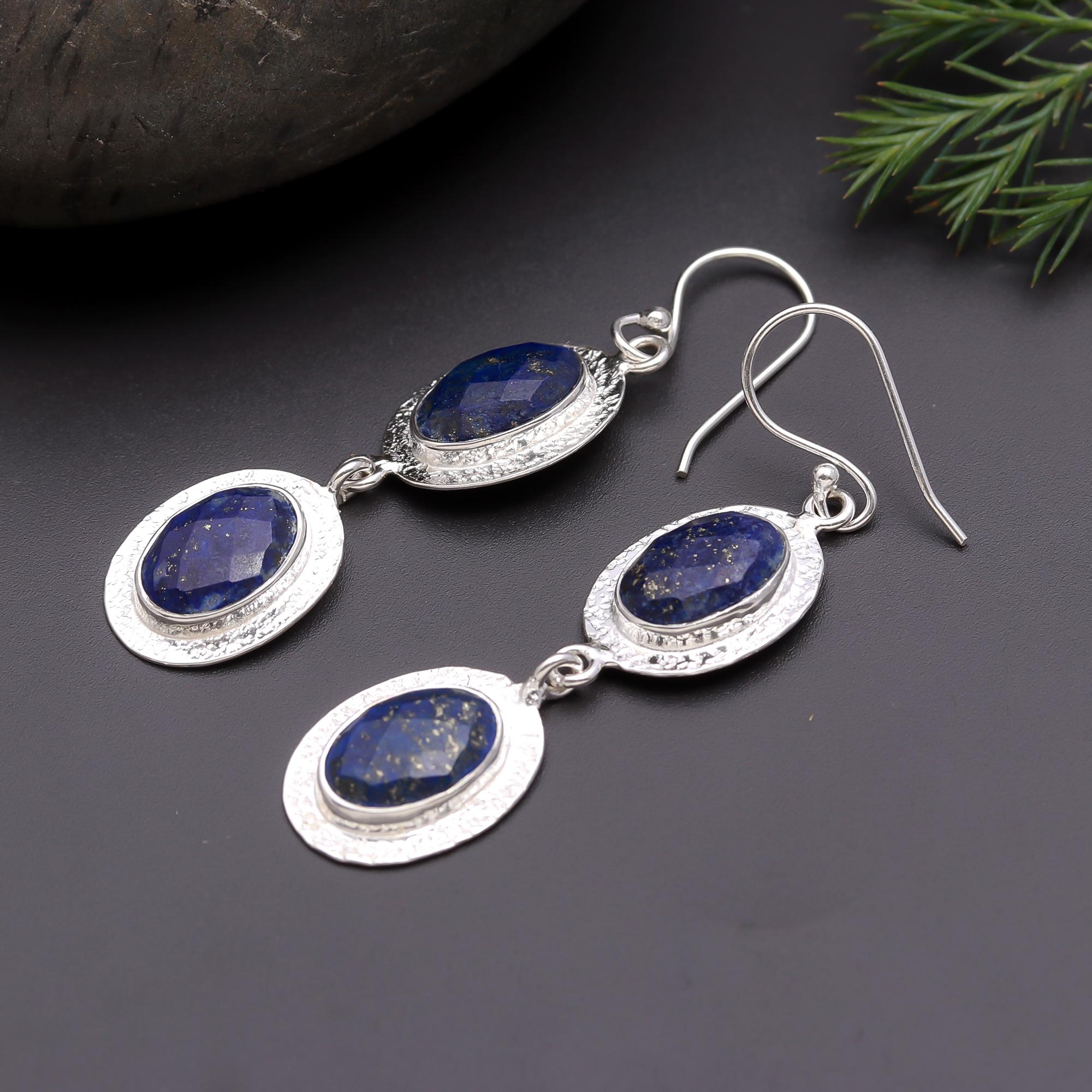 925 Silver Triple Oval Lapis Lazuli Dangle Earrings