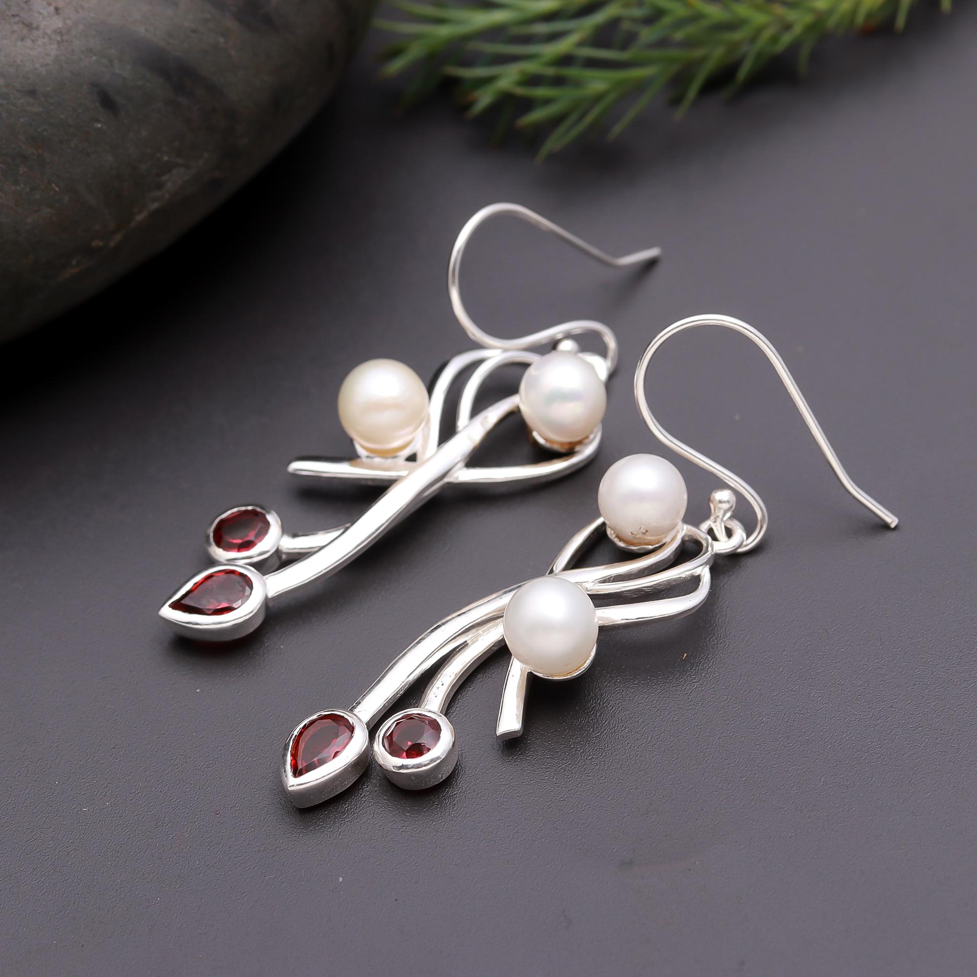 925 Silver Pearl and Garnet Dangle Earrings