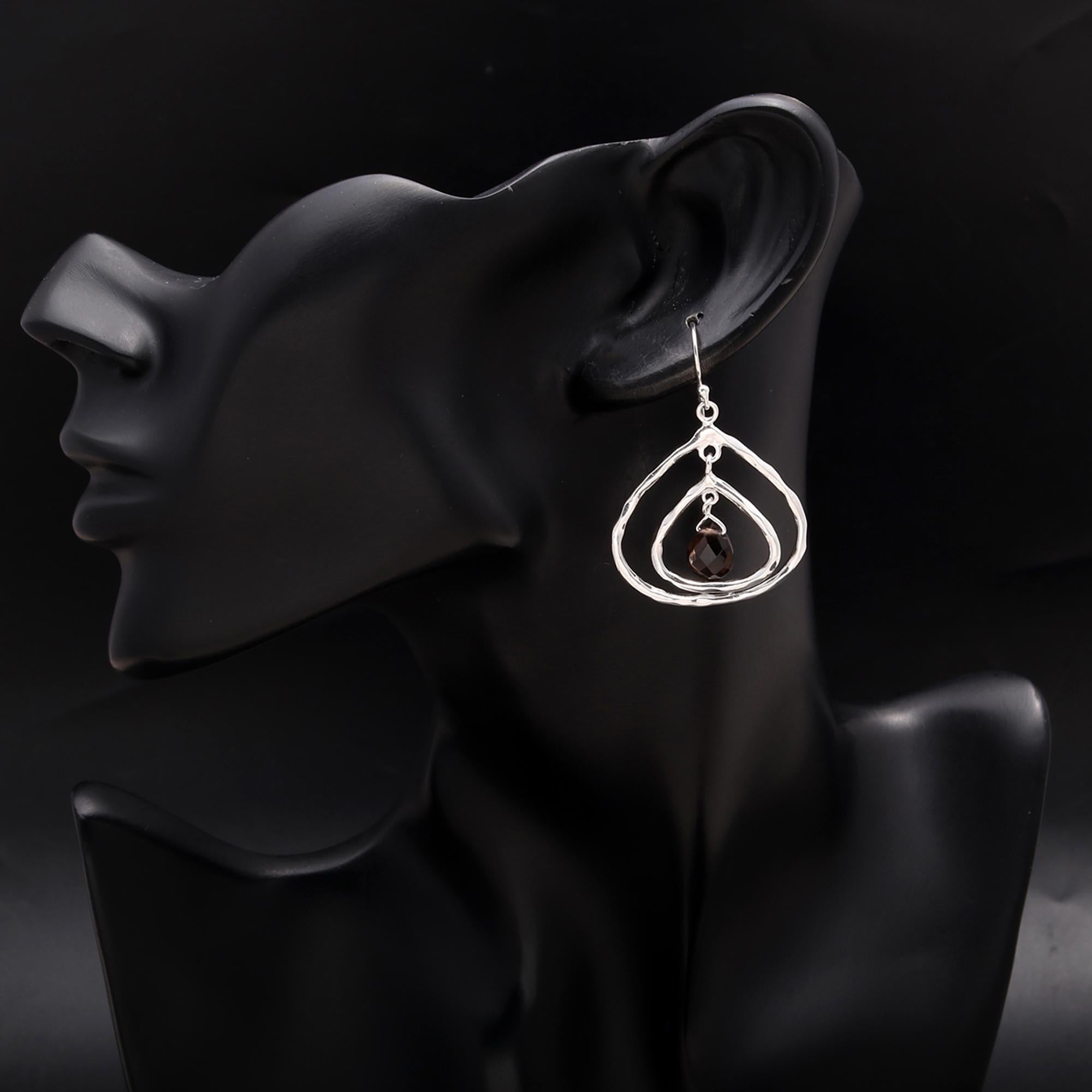 925 Silver Smoky Quartz Hammered Drop Earrings