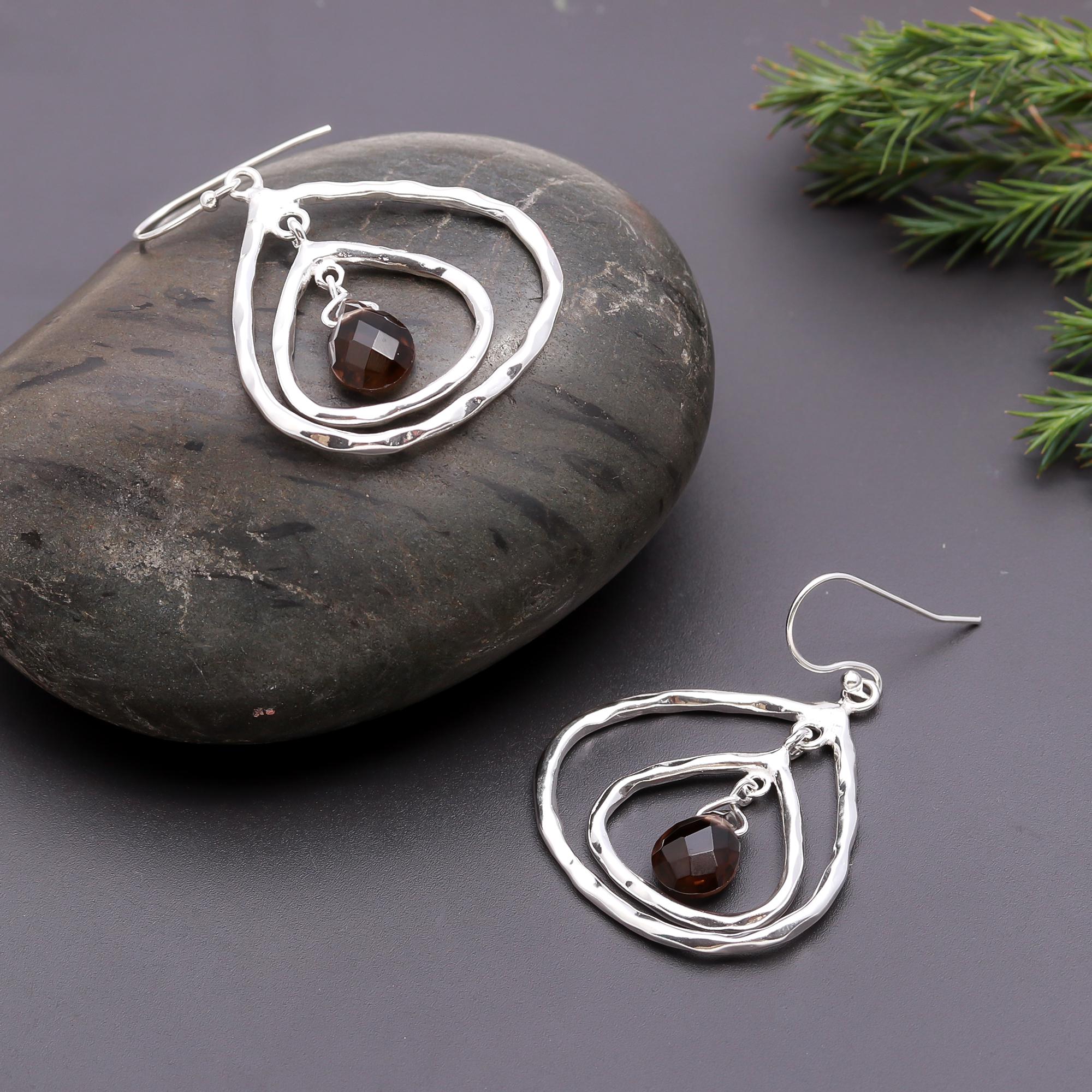 925 Silver Smoky Quartz Hammered Drop Earrings