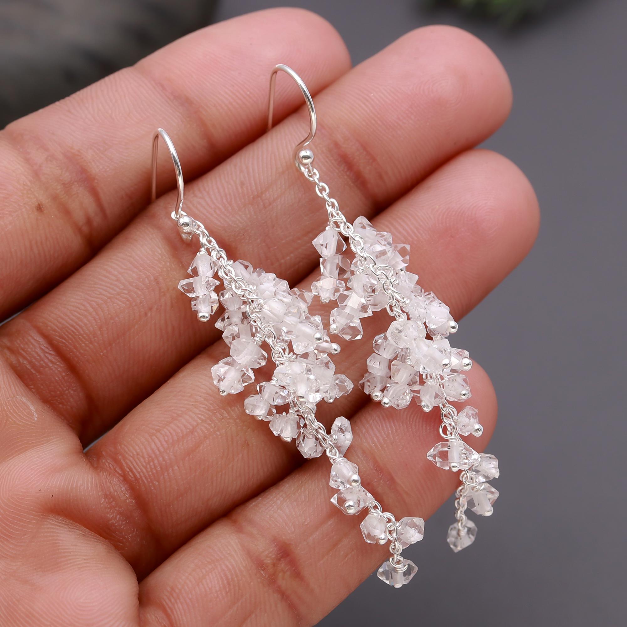 925 Silver Crystal Quartz Cluster Dangle Earrings