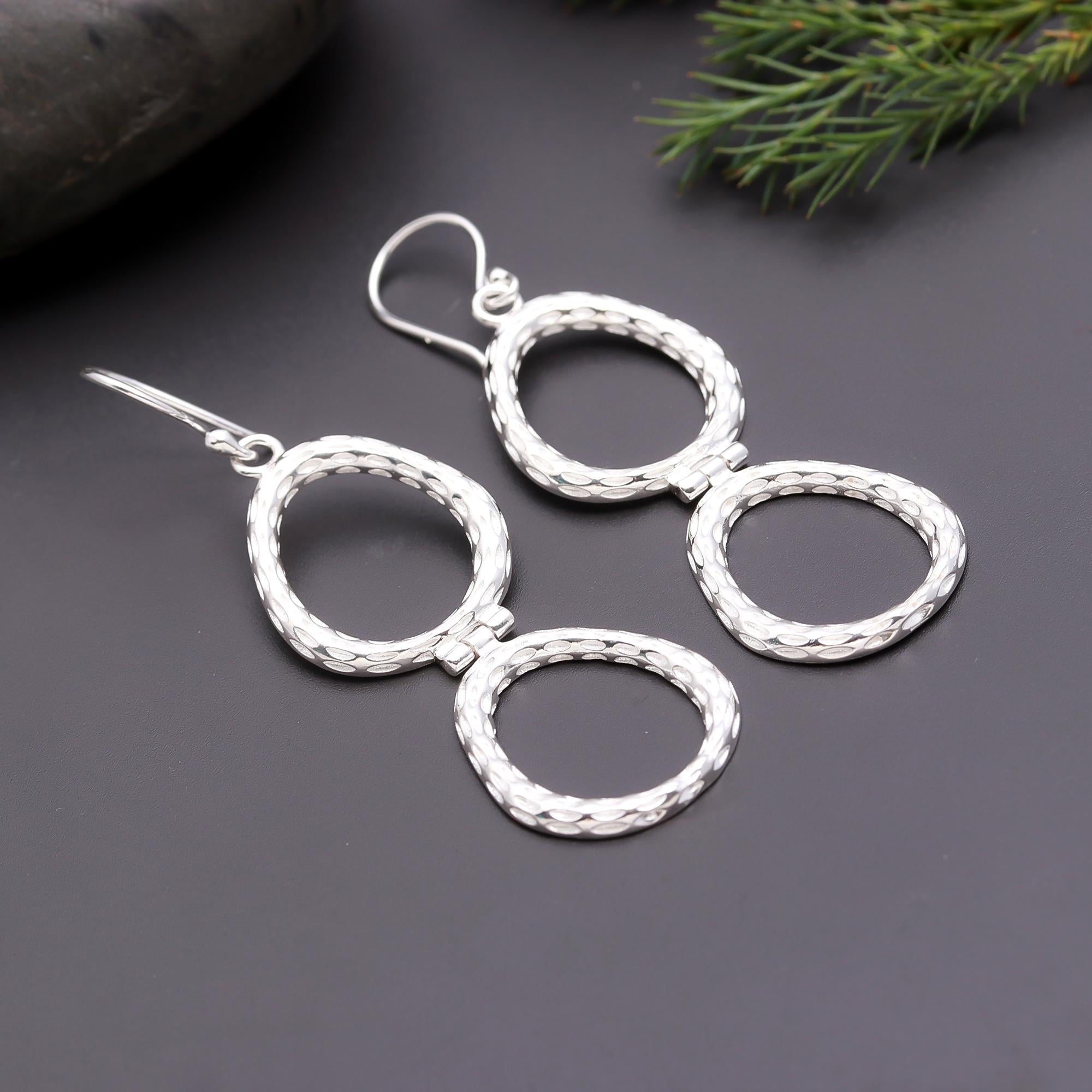925 Silver Textured Double Oval Dangle Earrings
