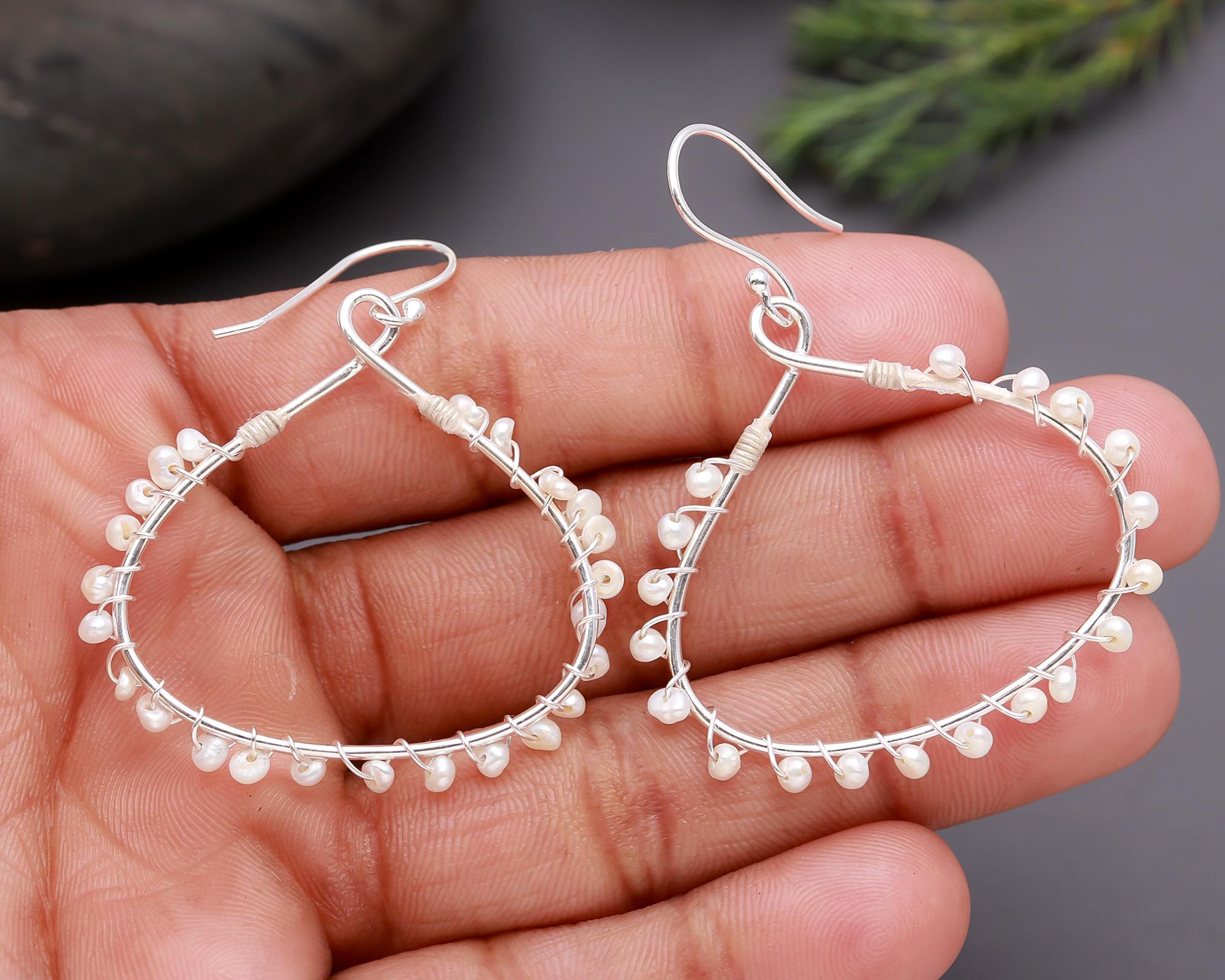925 Silver Teardrop Wire Pearls Dangle Earrings