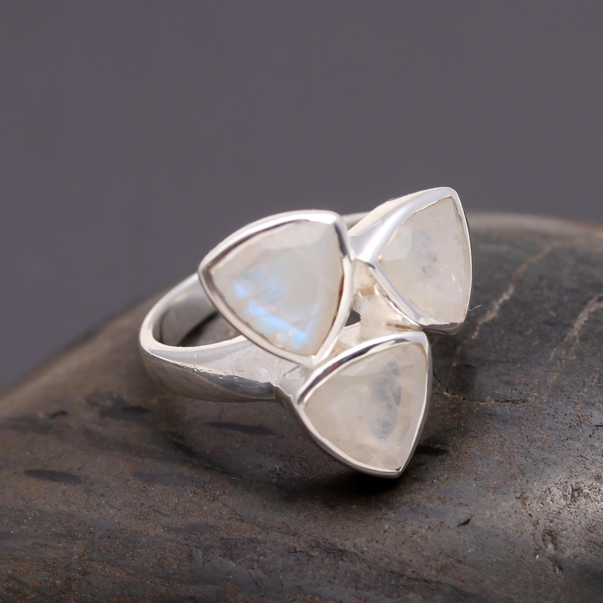925 Silver Trio Rainbow Moonstone Ring
