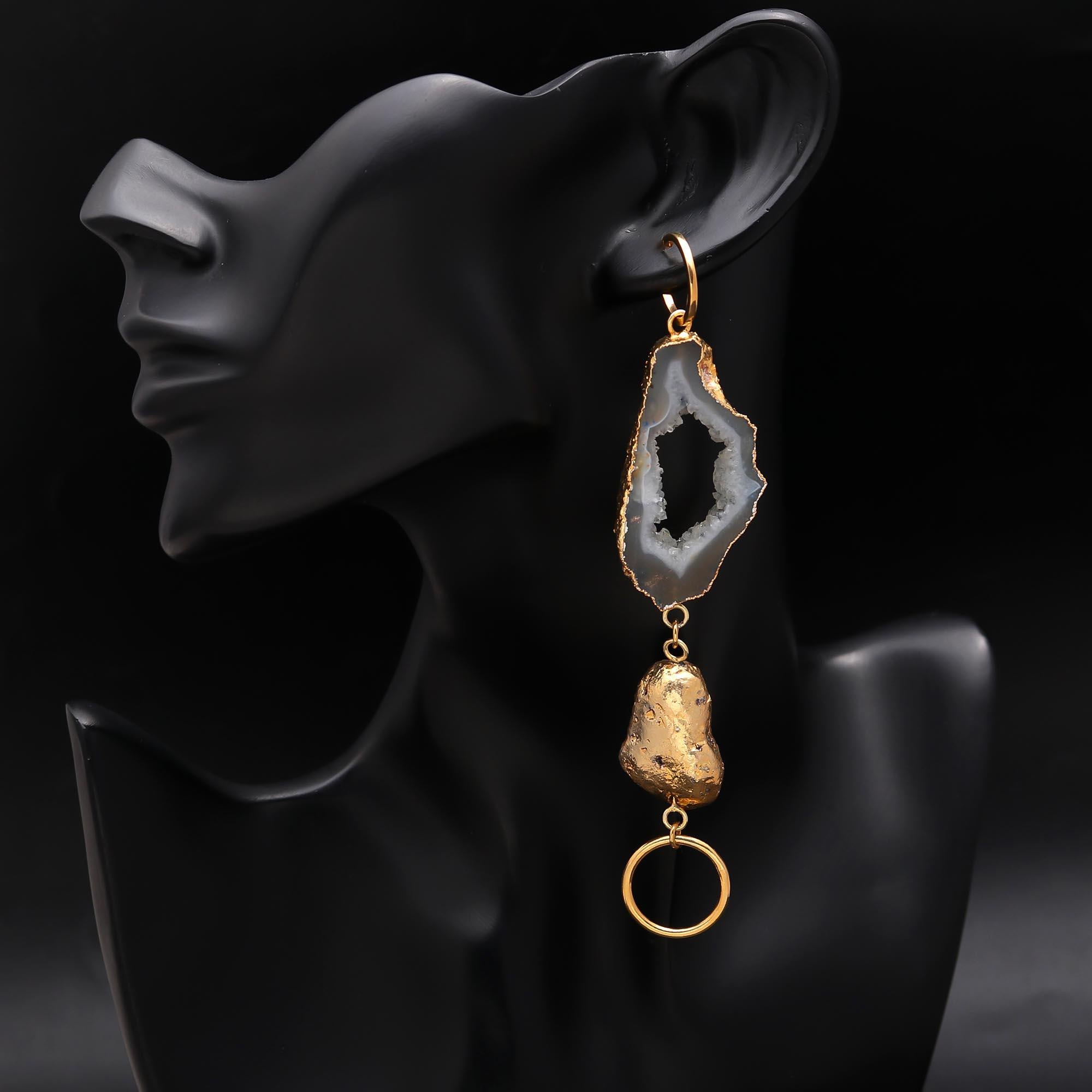 Brass Tobacco Geode Slice Agate Drusy Earrings  Hypoallergenic