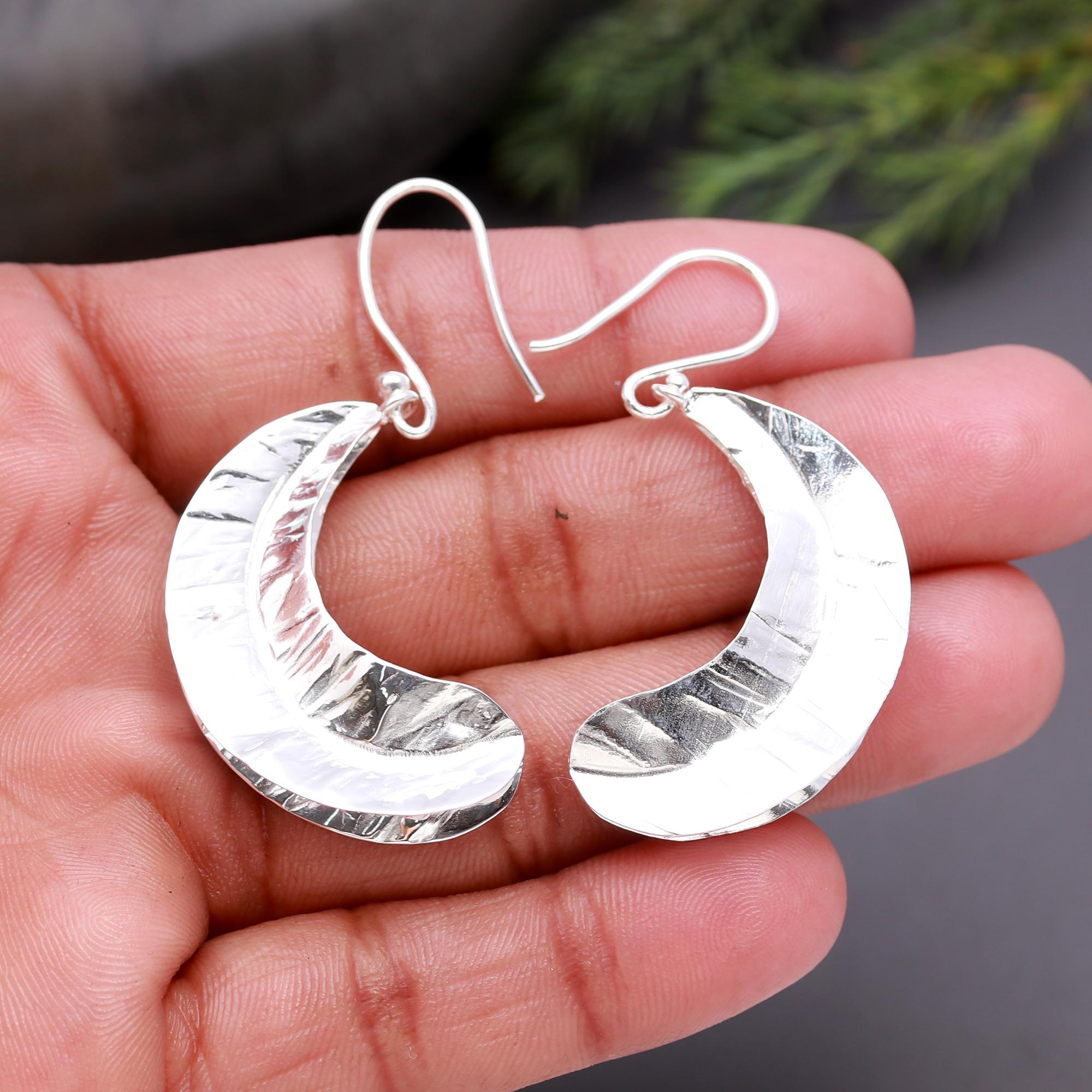 925 Silver Hammered Crescent Moon Dangle Earrings