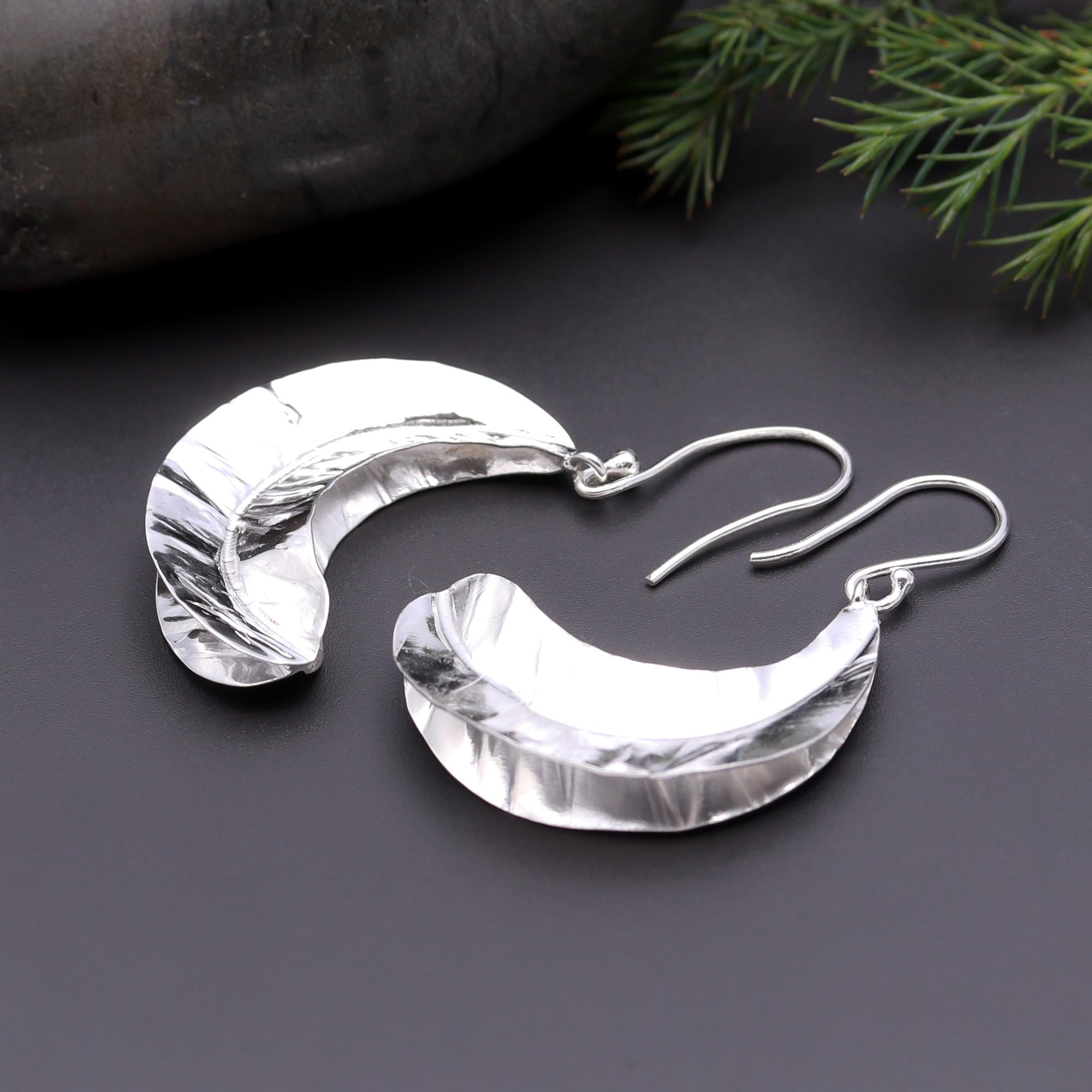 925 Silver Hammered Crescent Moon Dangle Earrings