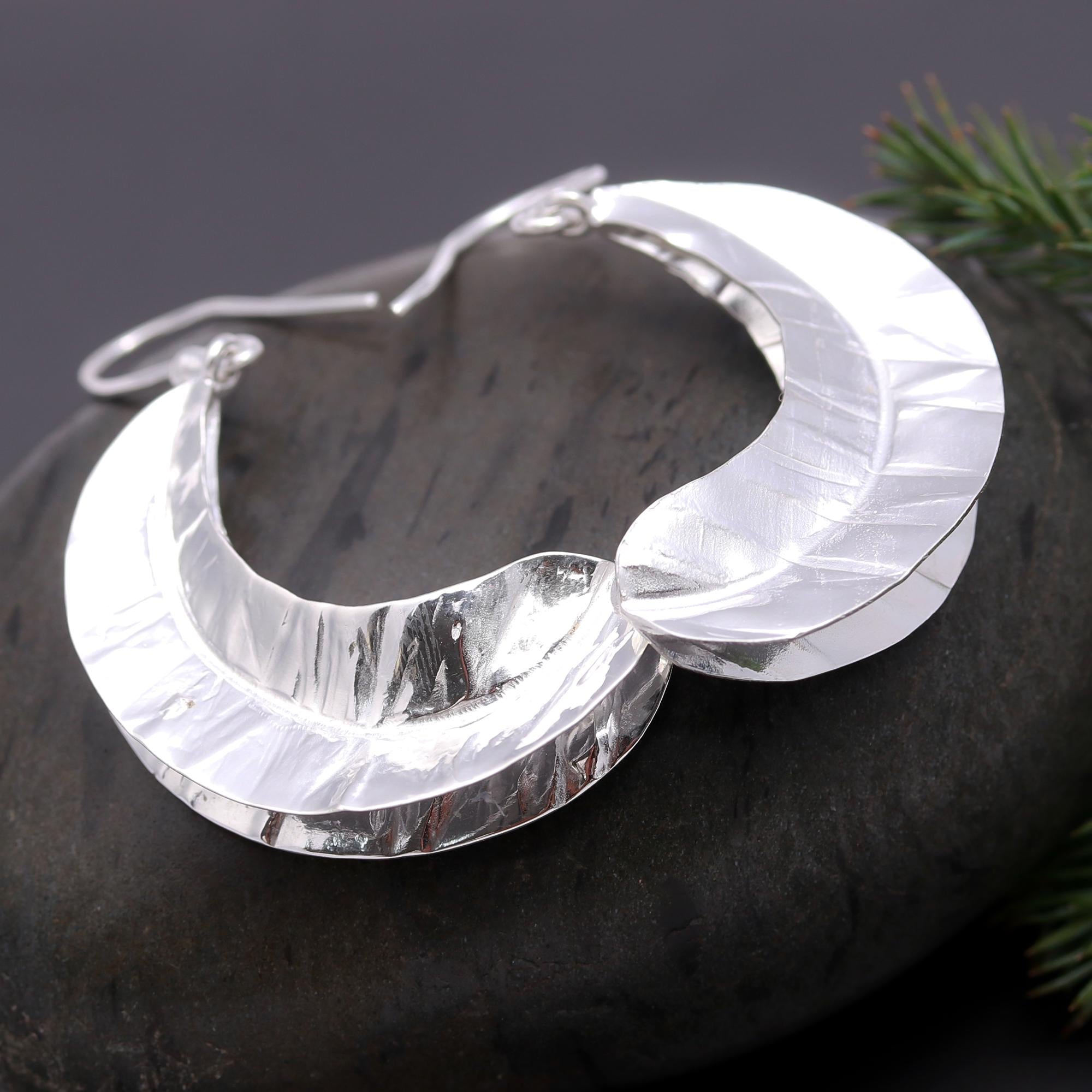 925 Silver Hammered Crescent Moon Dangle Earrings