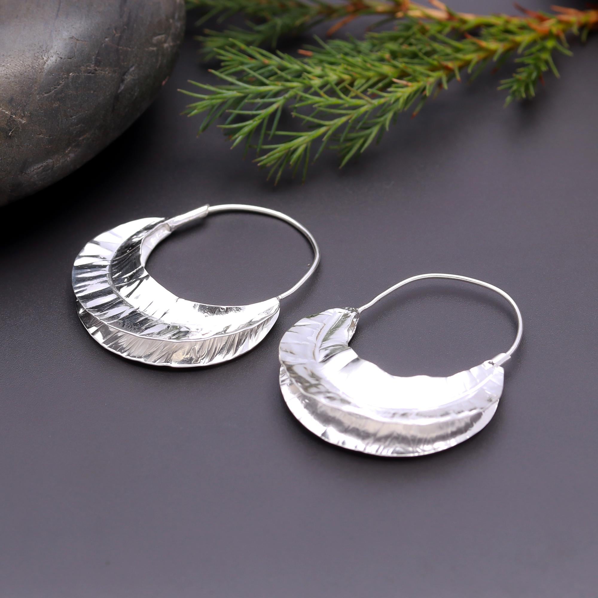 925 Silver Hammered Crescent Hoop Earrings