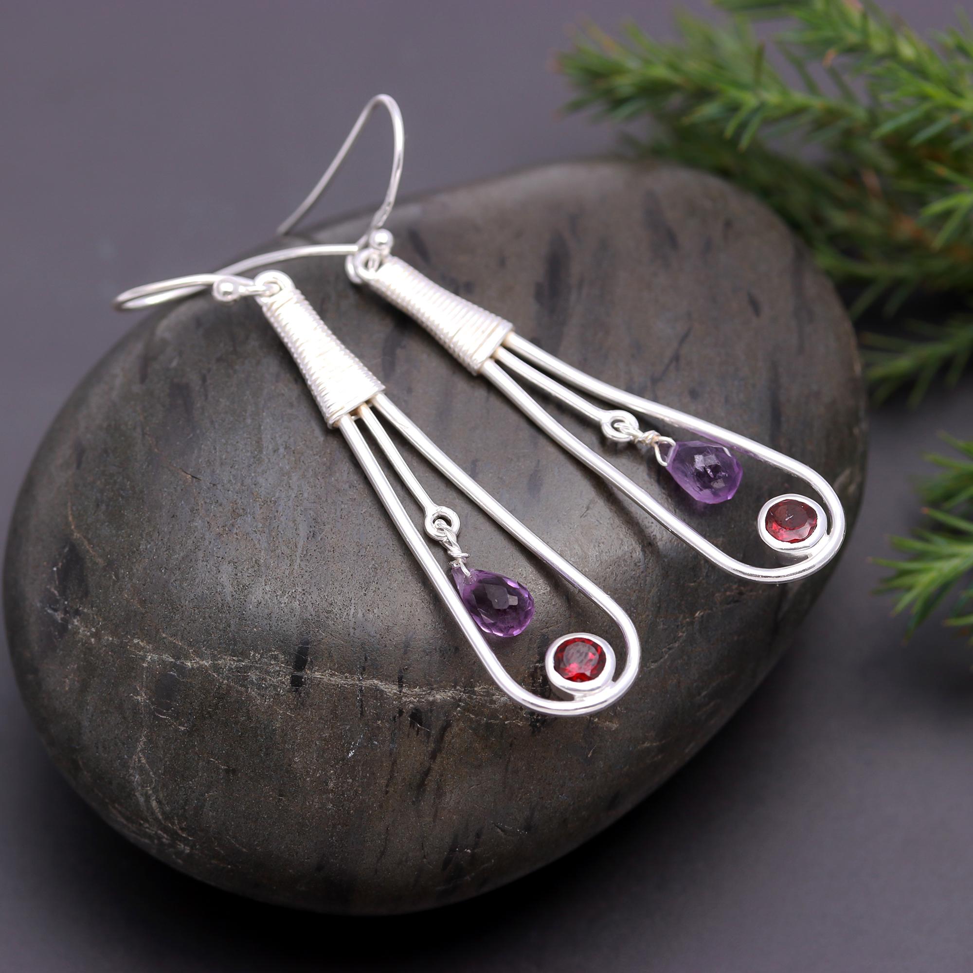 925 Silver Amethyst and Garnet Wire Drop Earrings