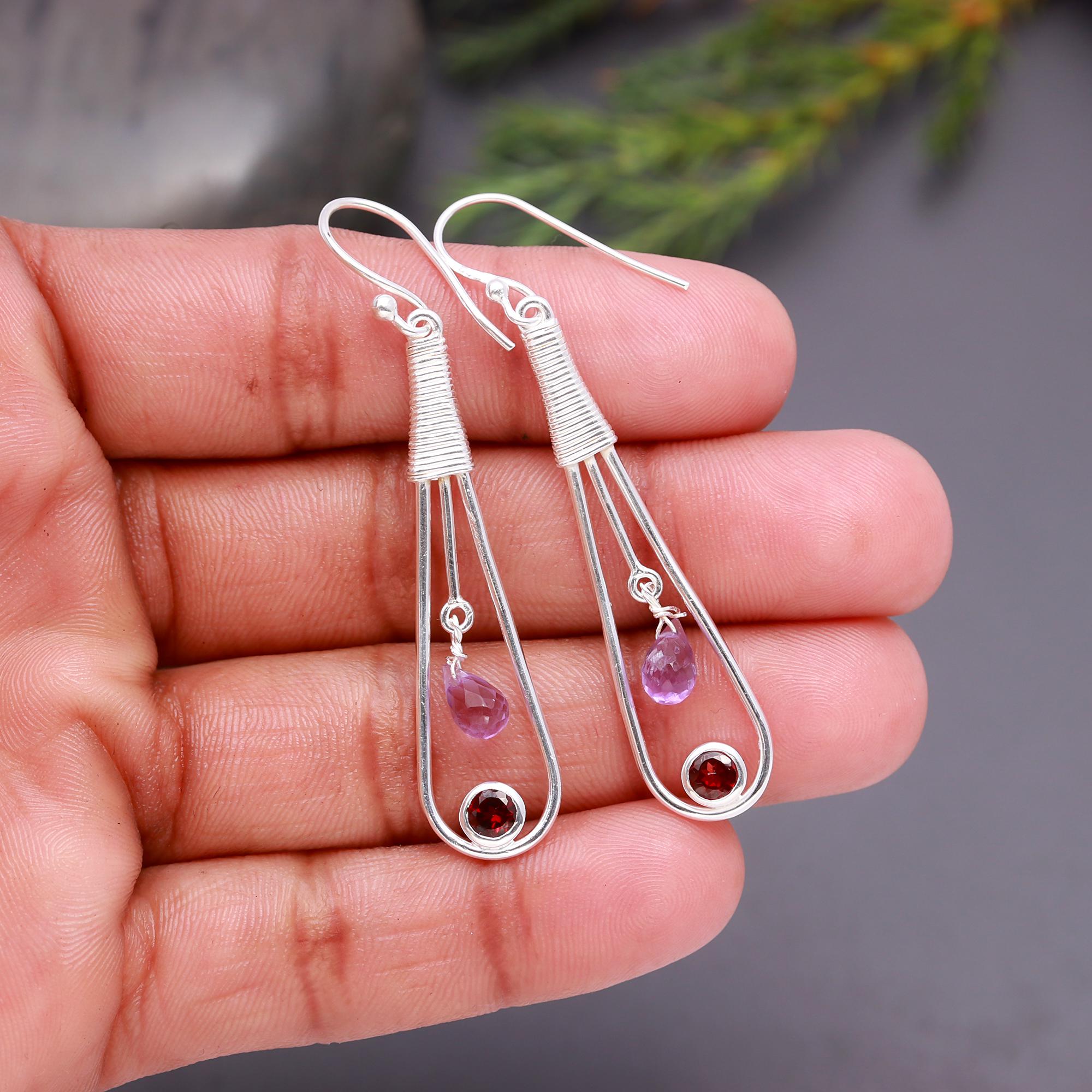 925 Silver Amethyst and Garnet Wire Drop Earrings
