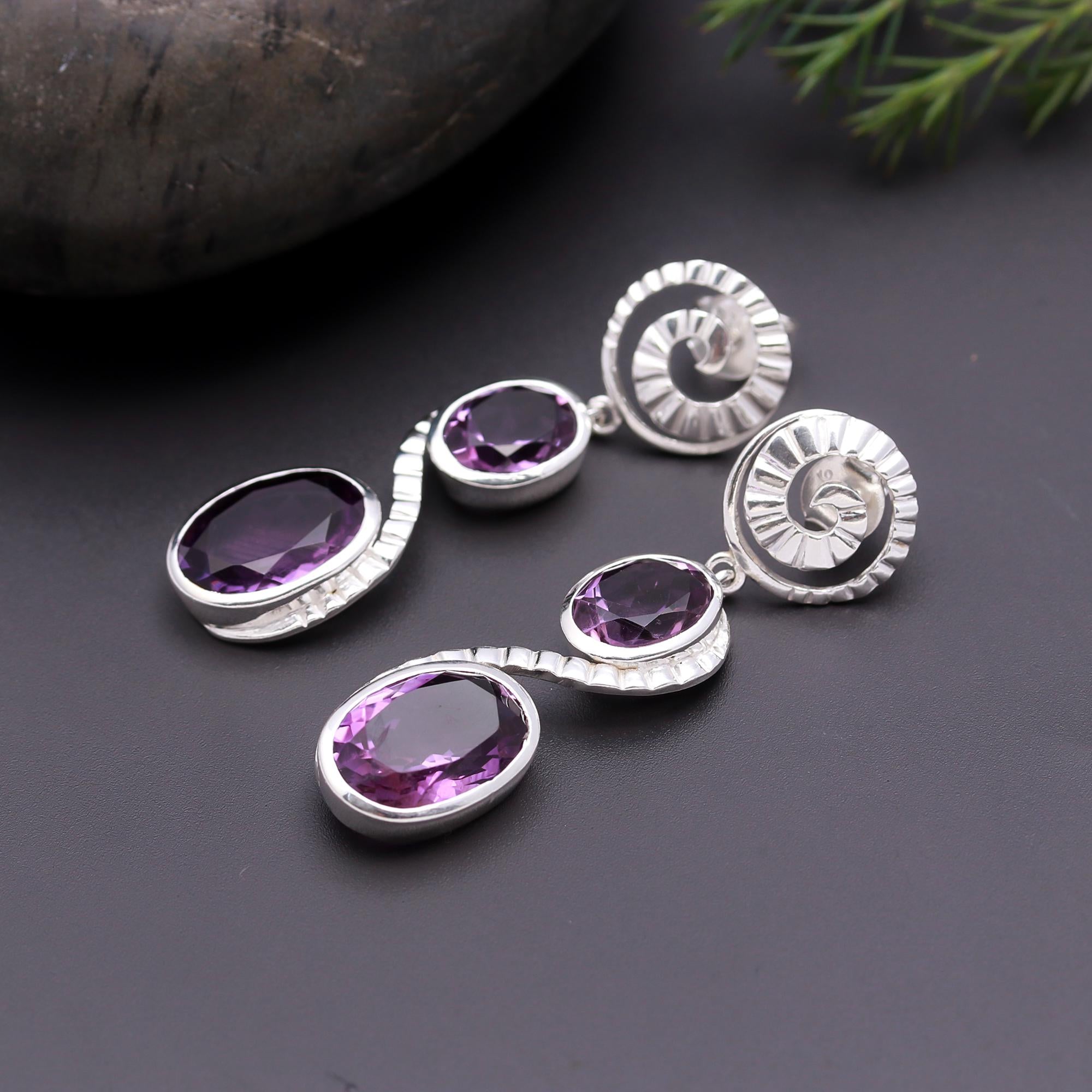 925 Silver Spiral Amethyst Triple Drop Earrings