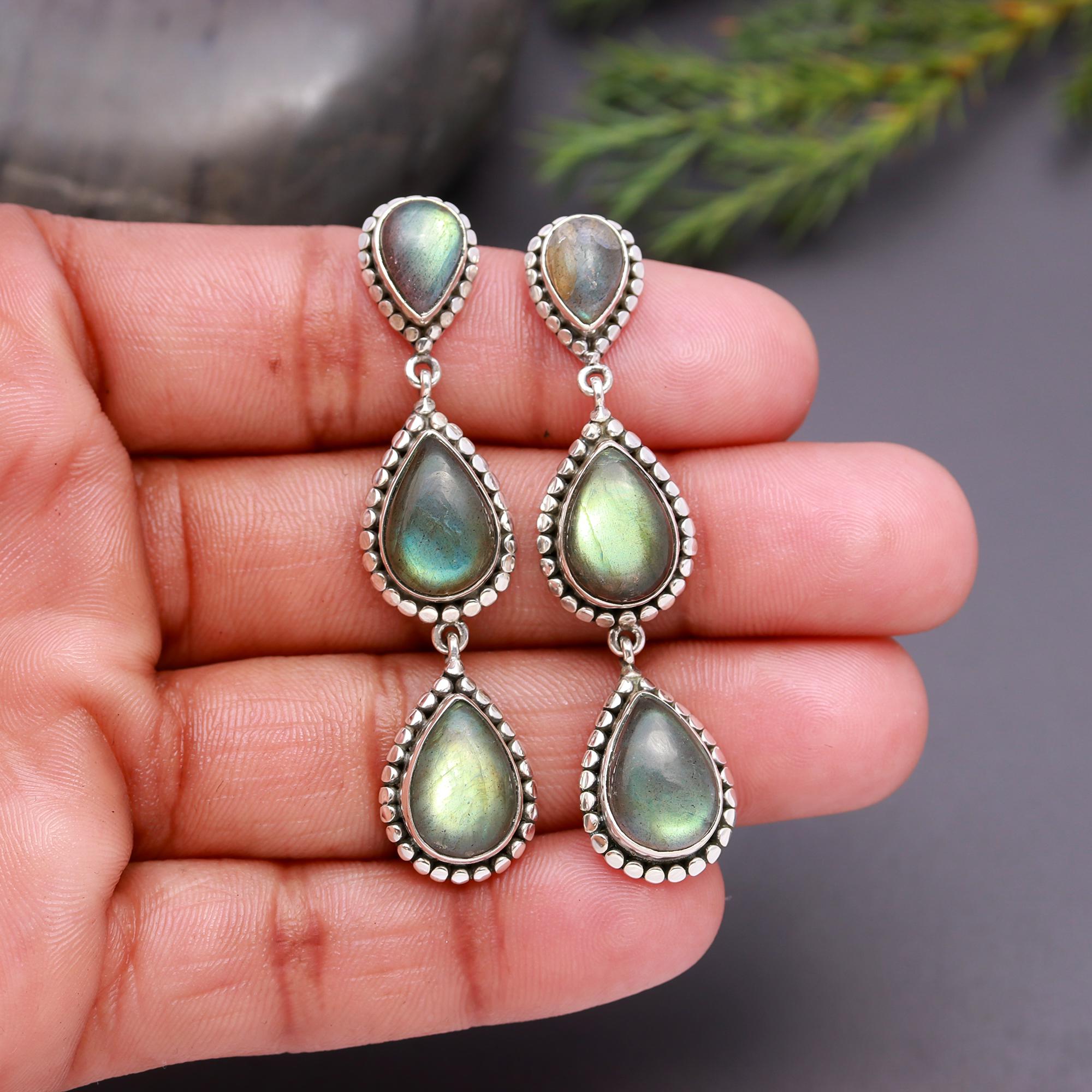 925 Silver Triple Labradorite Drop Earrings