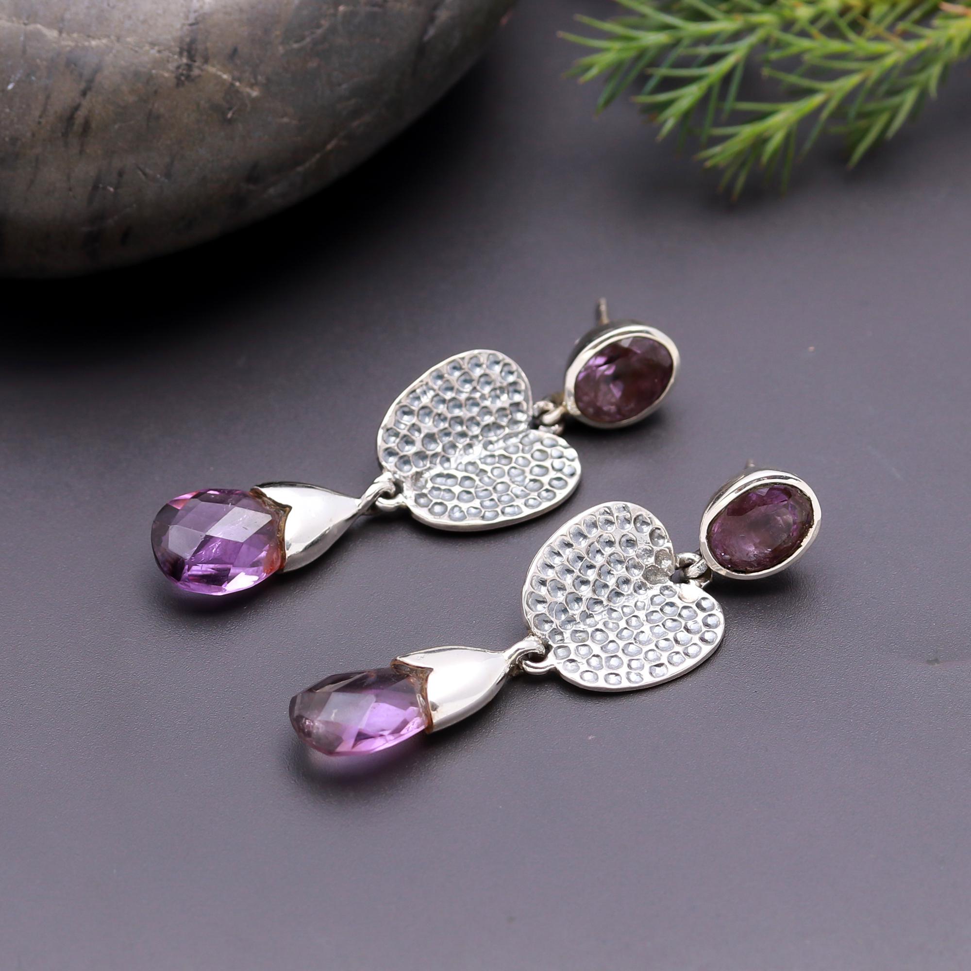 925 Silver Amethyst Textured Heart Drop Earrings