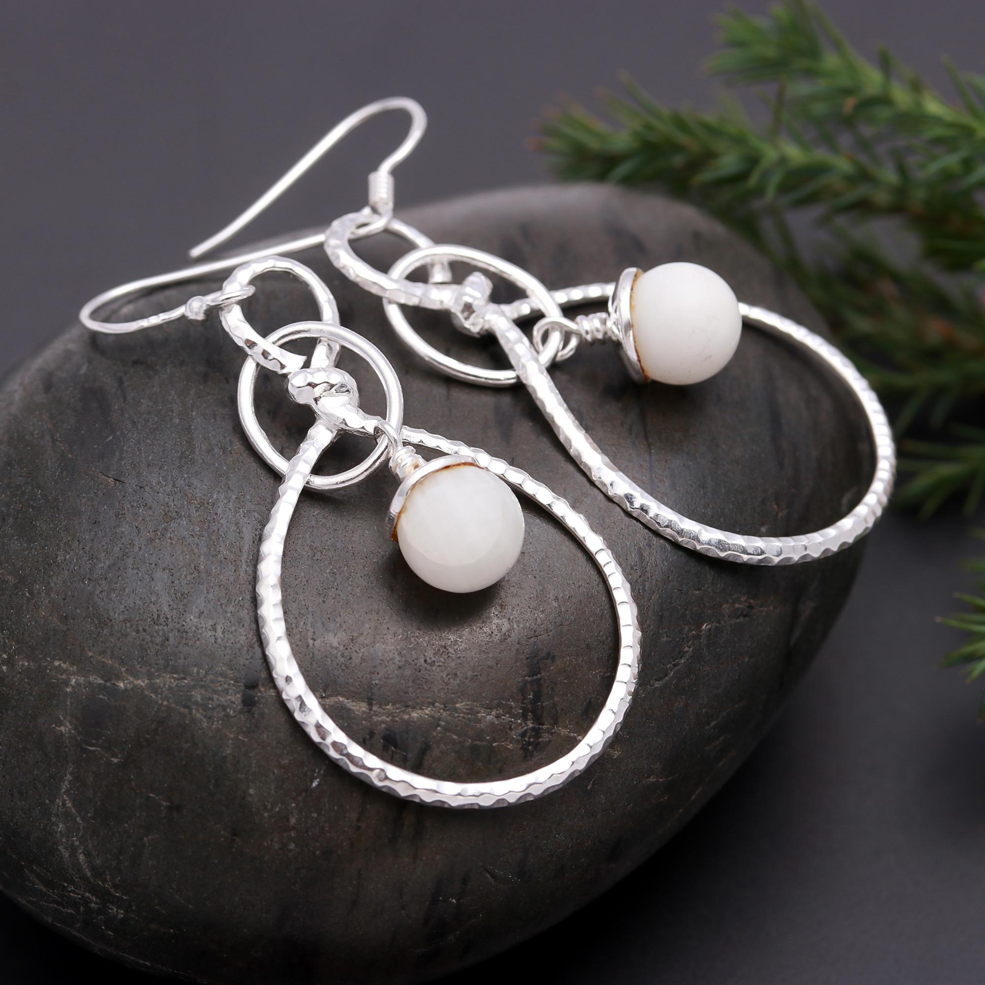 925 Silver Hammered Hoop Moonstone Drop Earrings