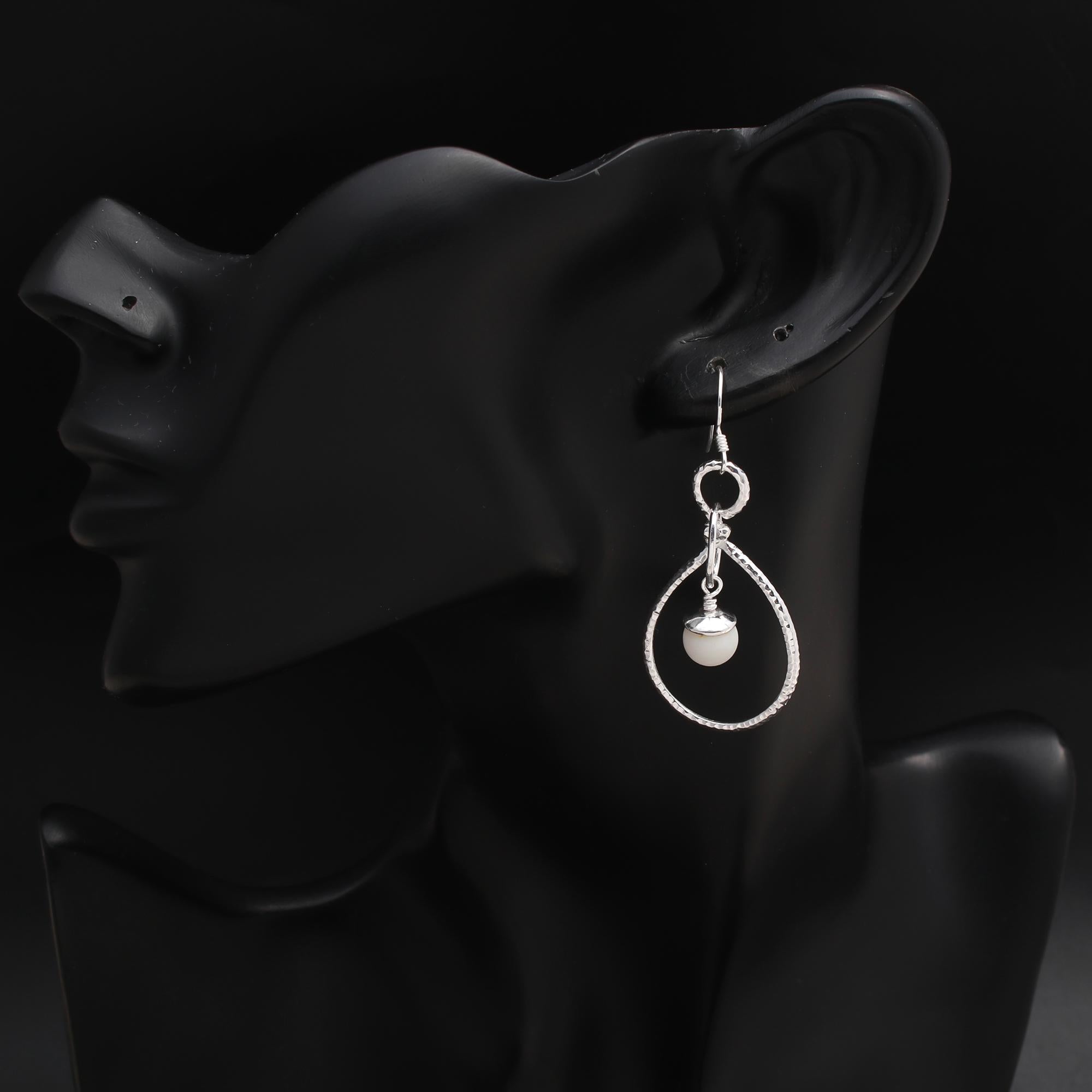 925 Silver Hammered Hoop Moonstone Drop Earrings