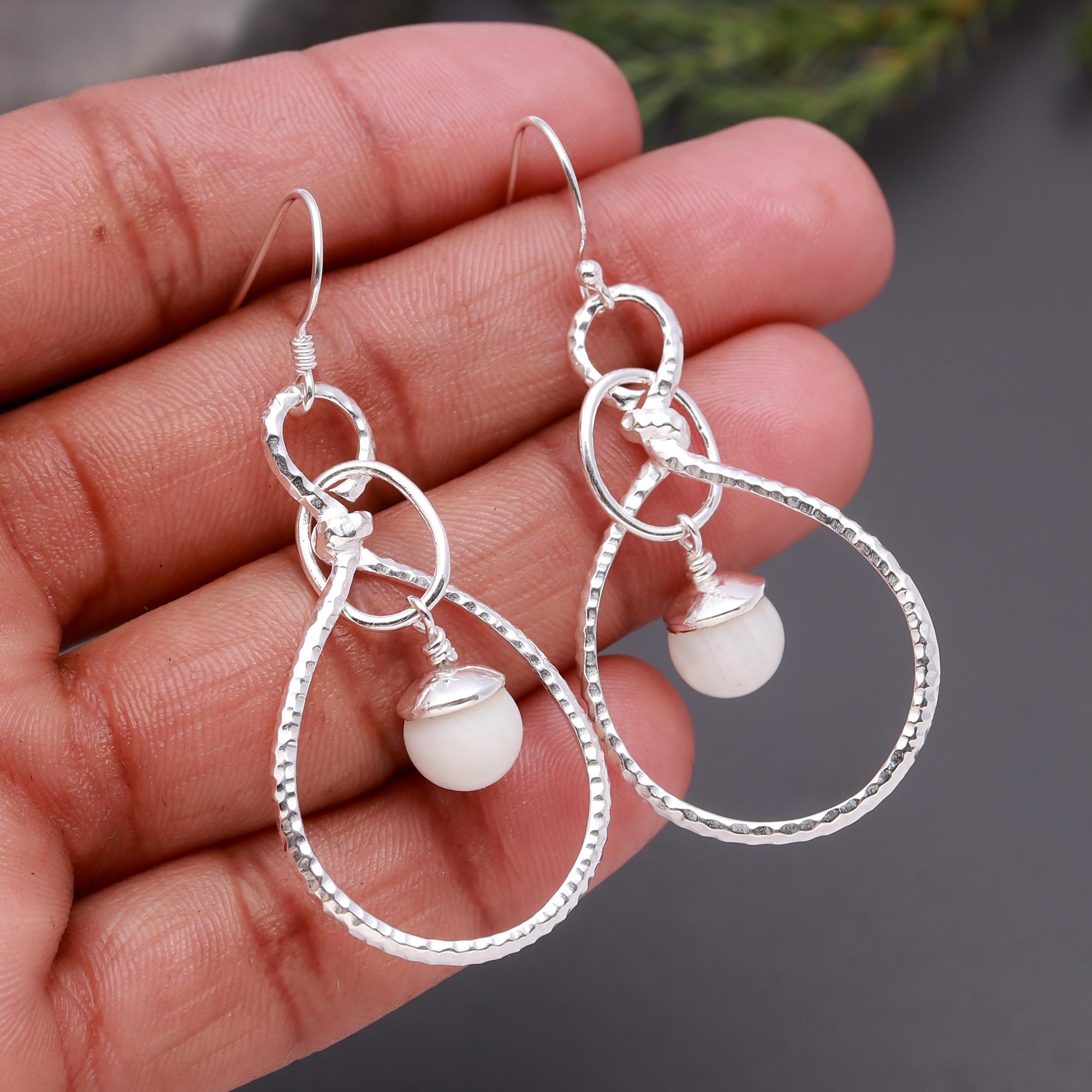 925 Silver Hammered Hoop Moonstone Drop Earrings