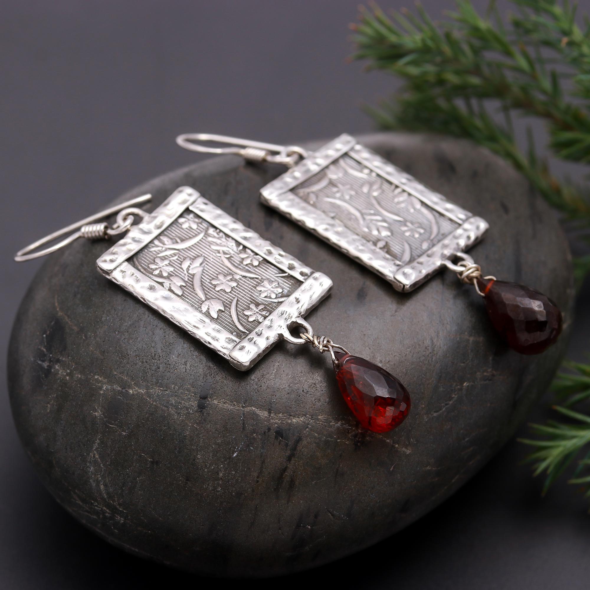 925 Silver Floral Engraved Rectangle Dangle Earrings