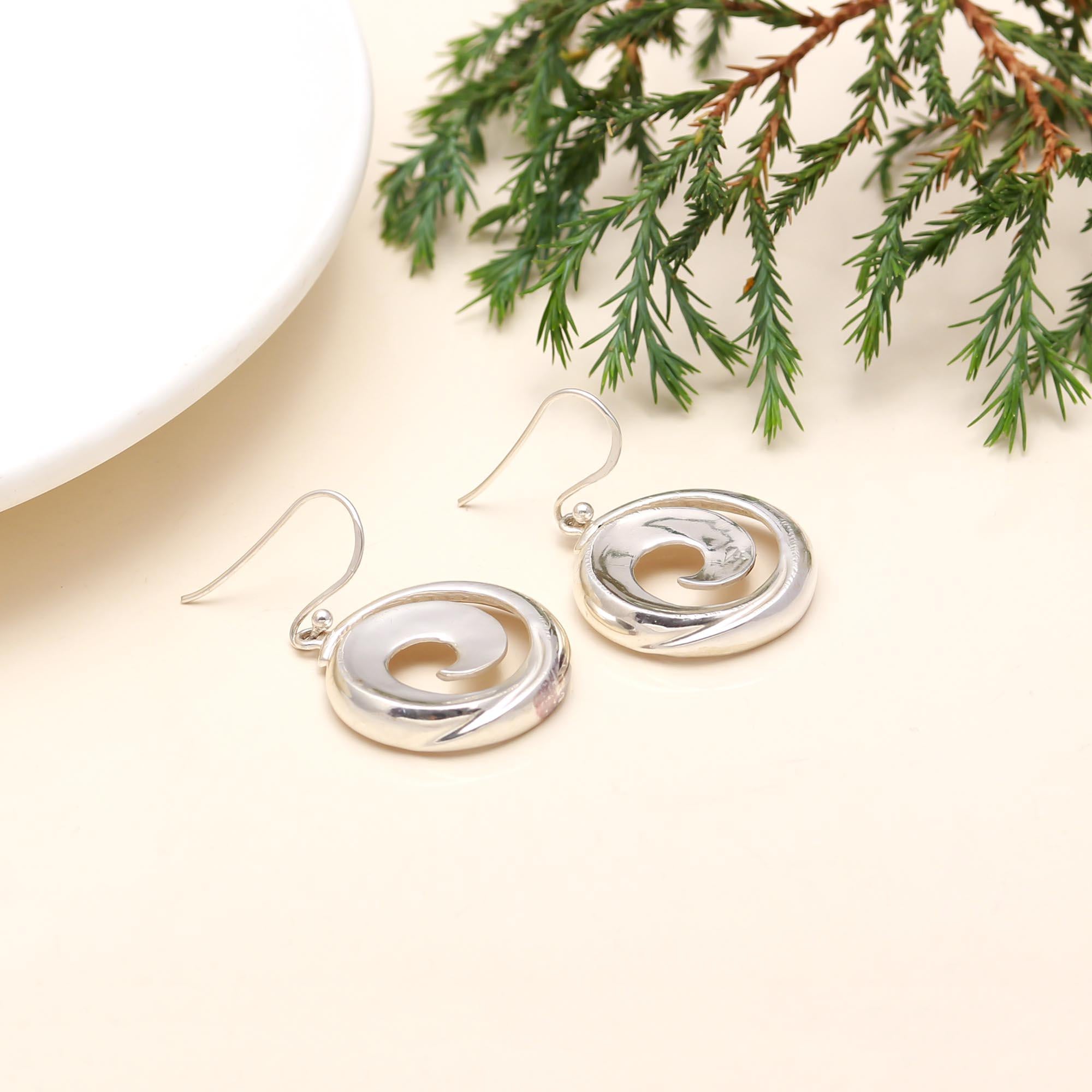 Convex Round Disc Dangle Earrings in Sterling Silver