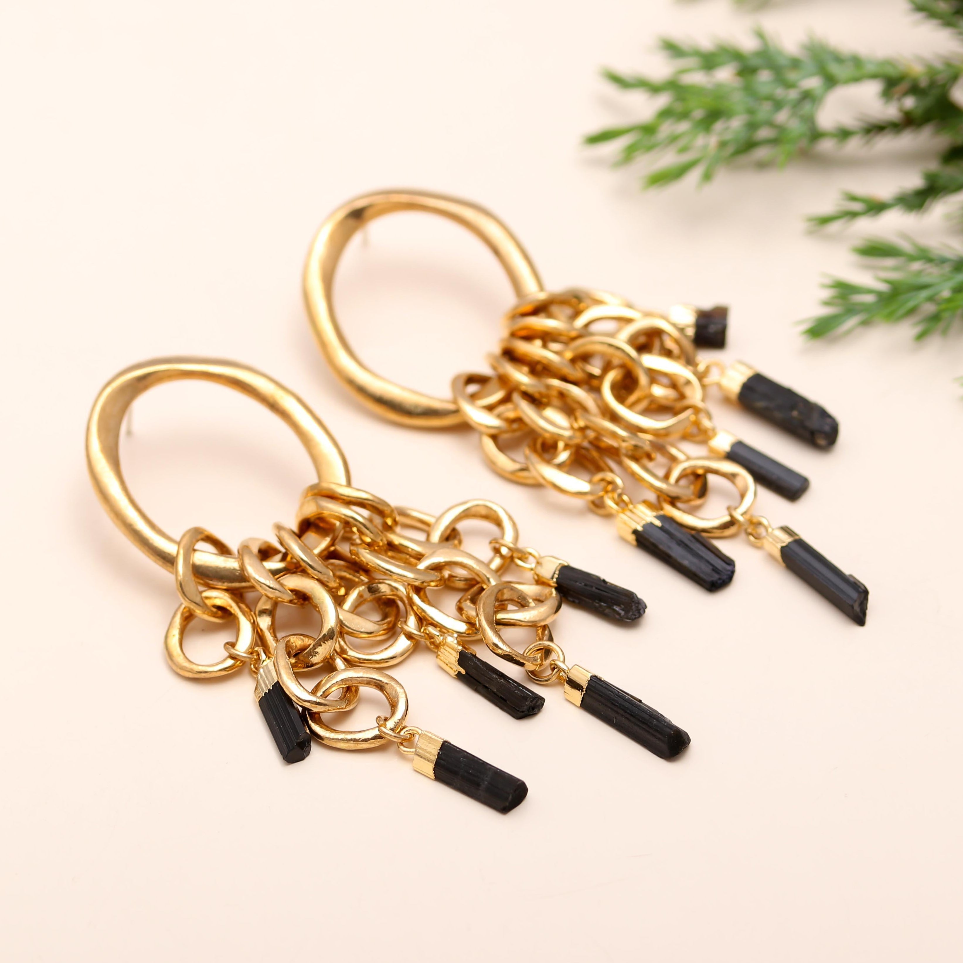 The Midnight Tassel: Black Tourmaline Gold Link Earrings