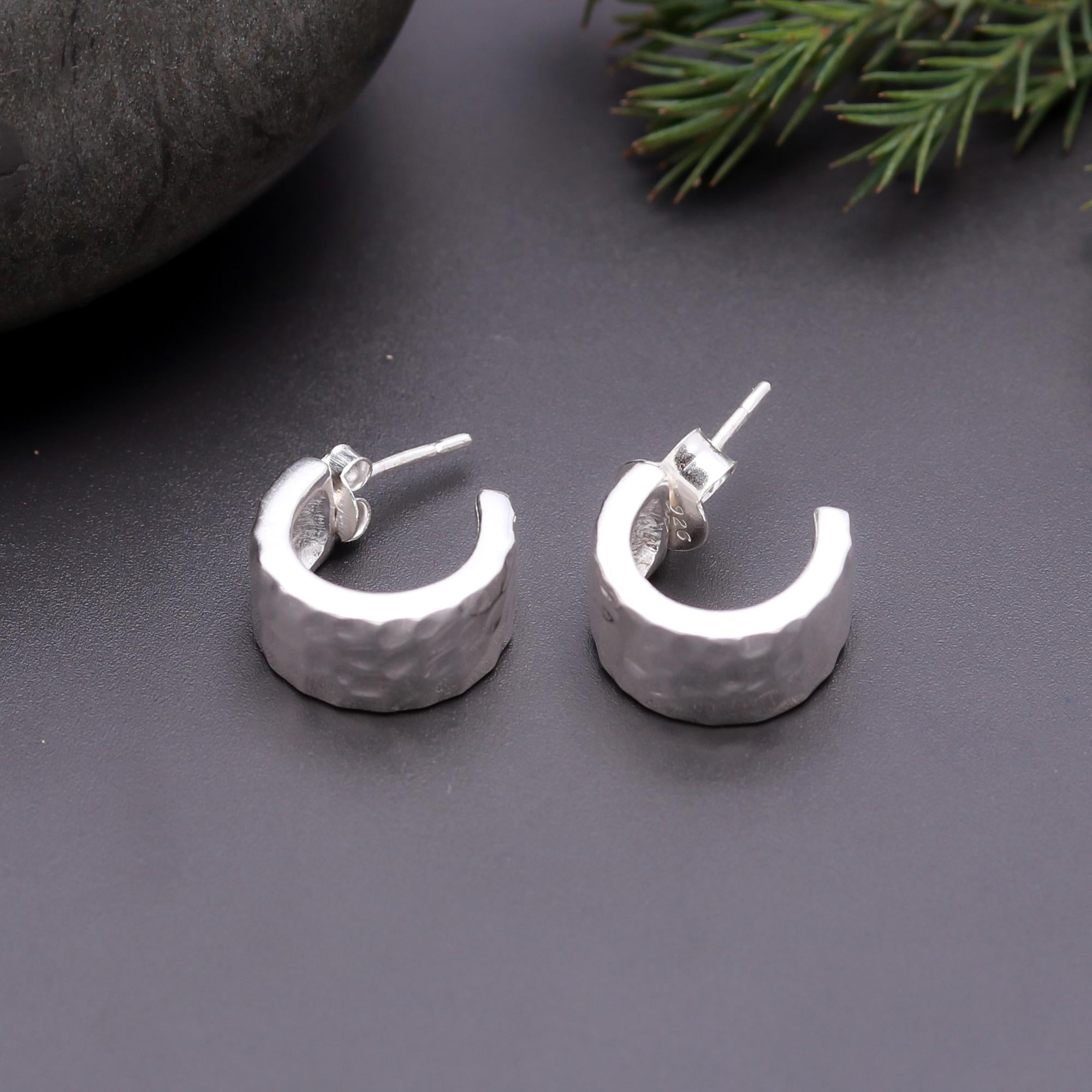 925 Silver Textured Half Hoop Stud Earrings