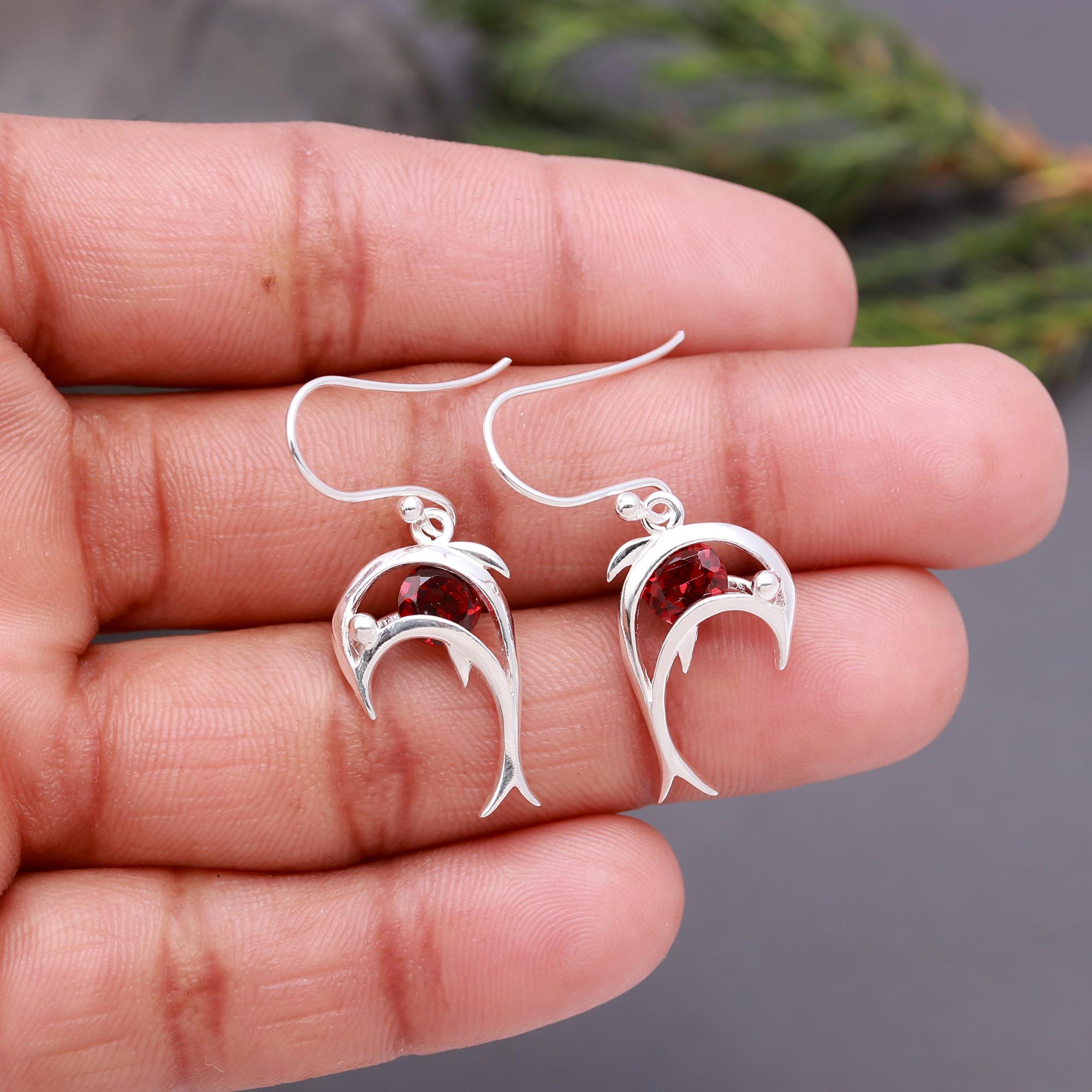 925 Silver Garnet Dolphin Dangle Earrings