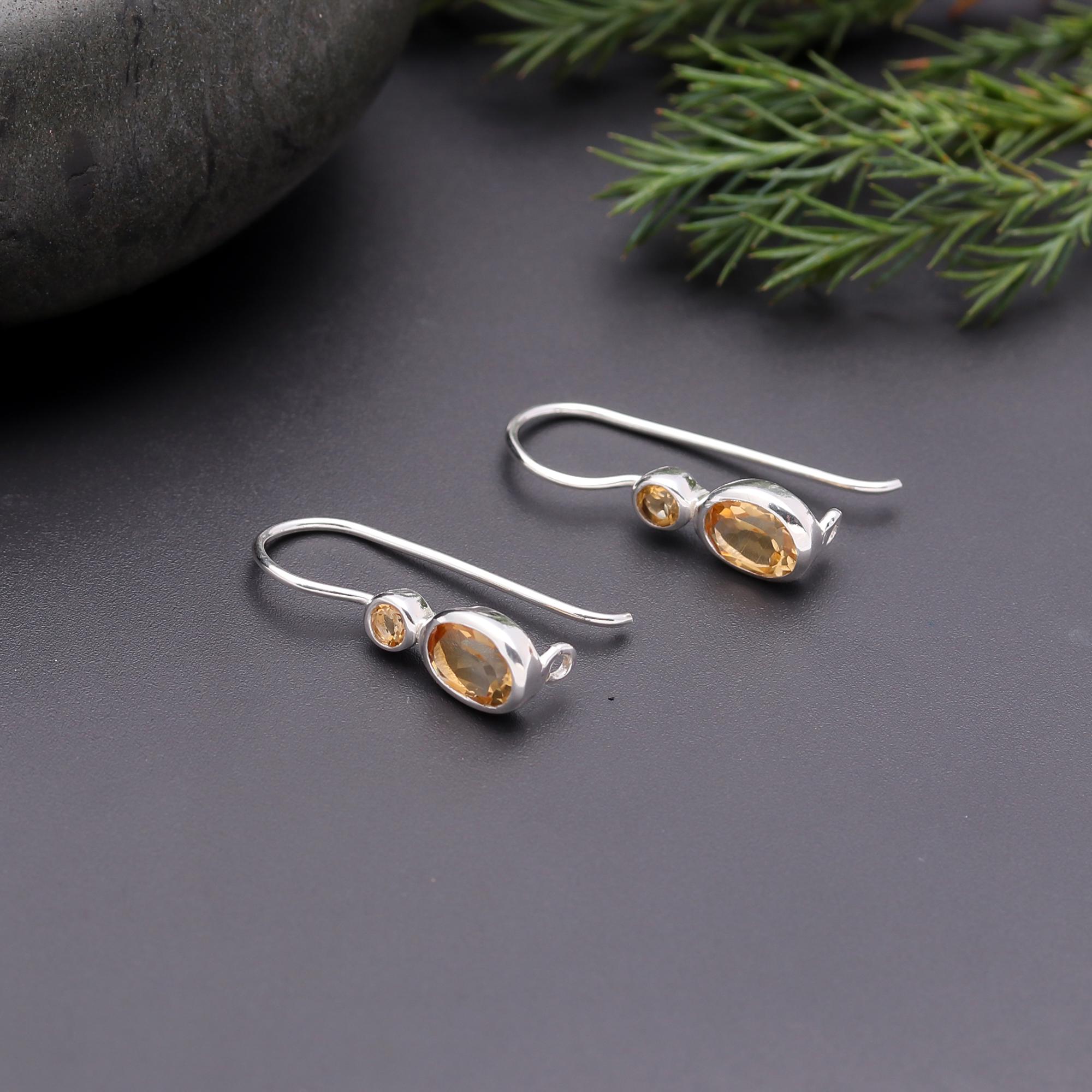 925 Silver Oval Cut Citrine Dangle Earrings