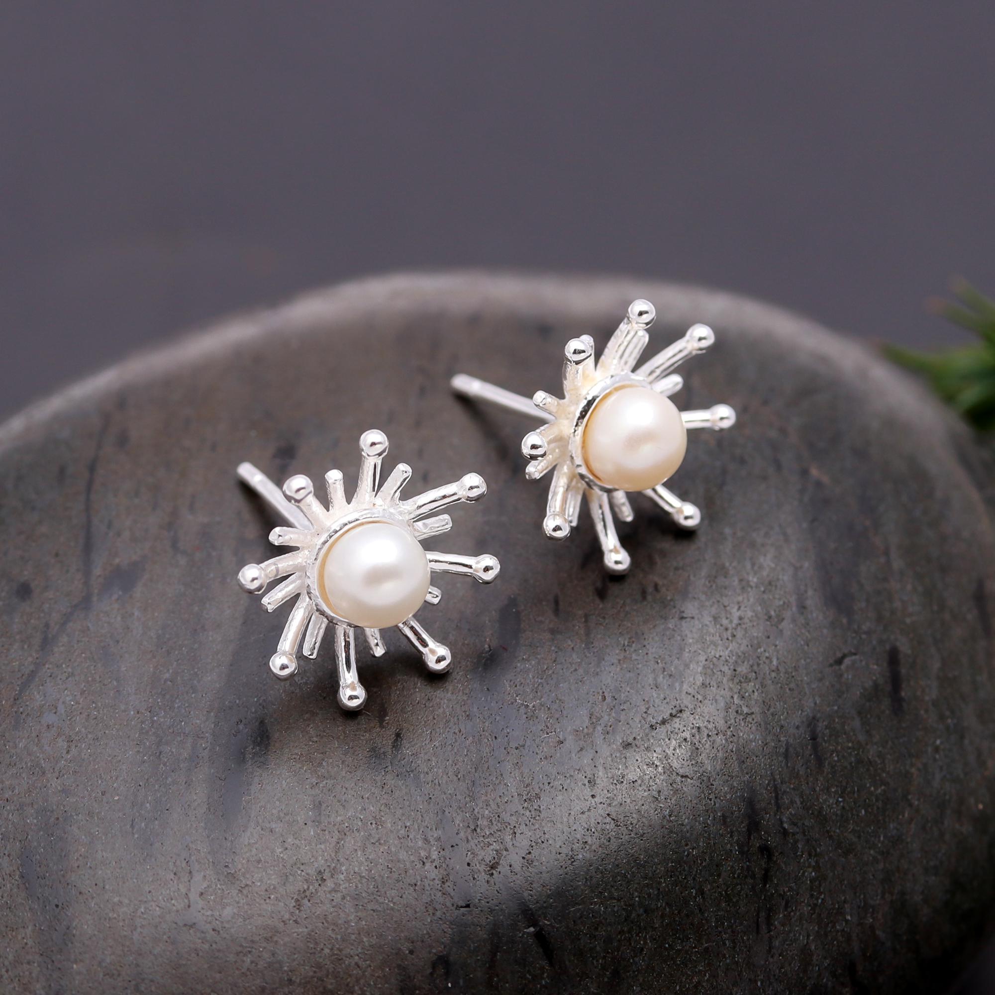 925 Silver Pearl Sunburst Stud Earrings