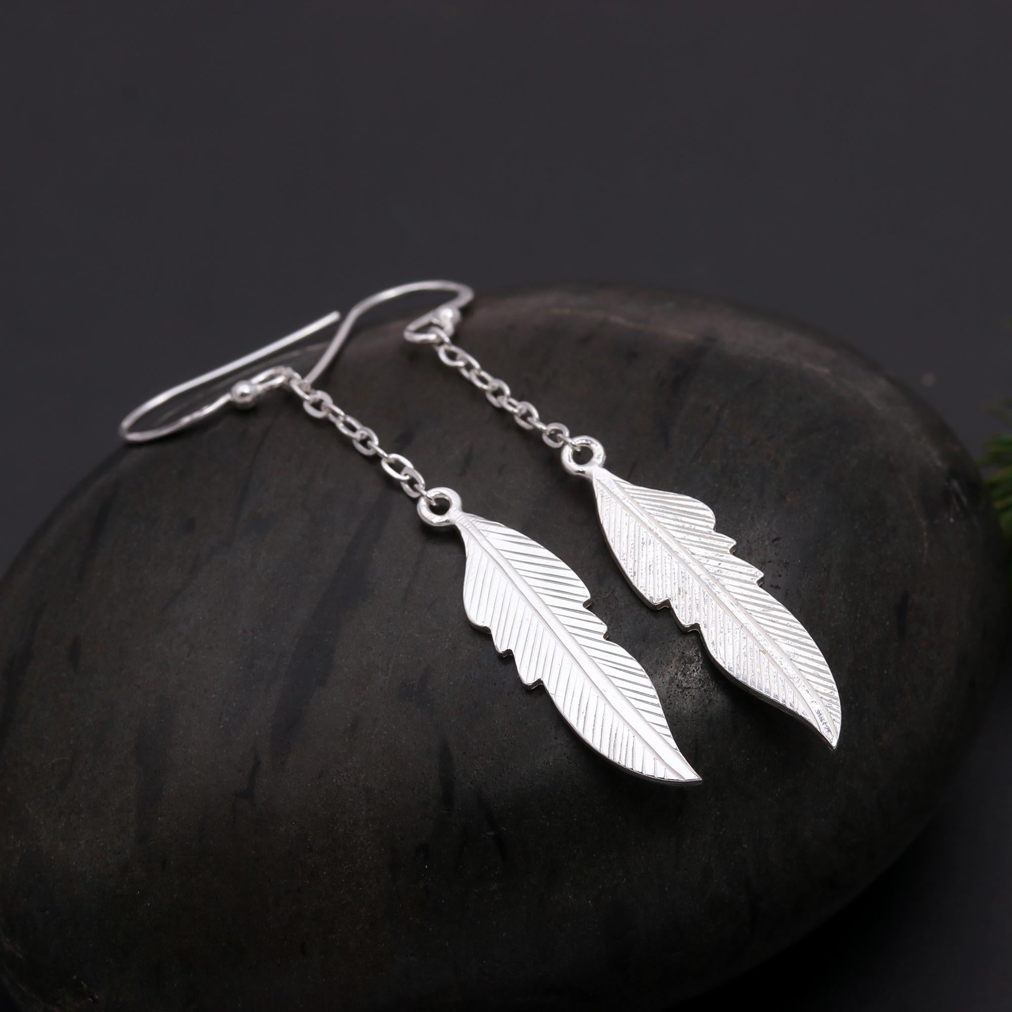 925 Silver Feather Leaf Dangle Earrings