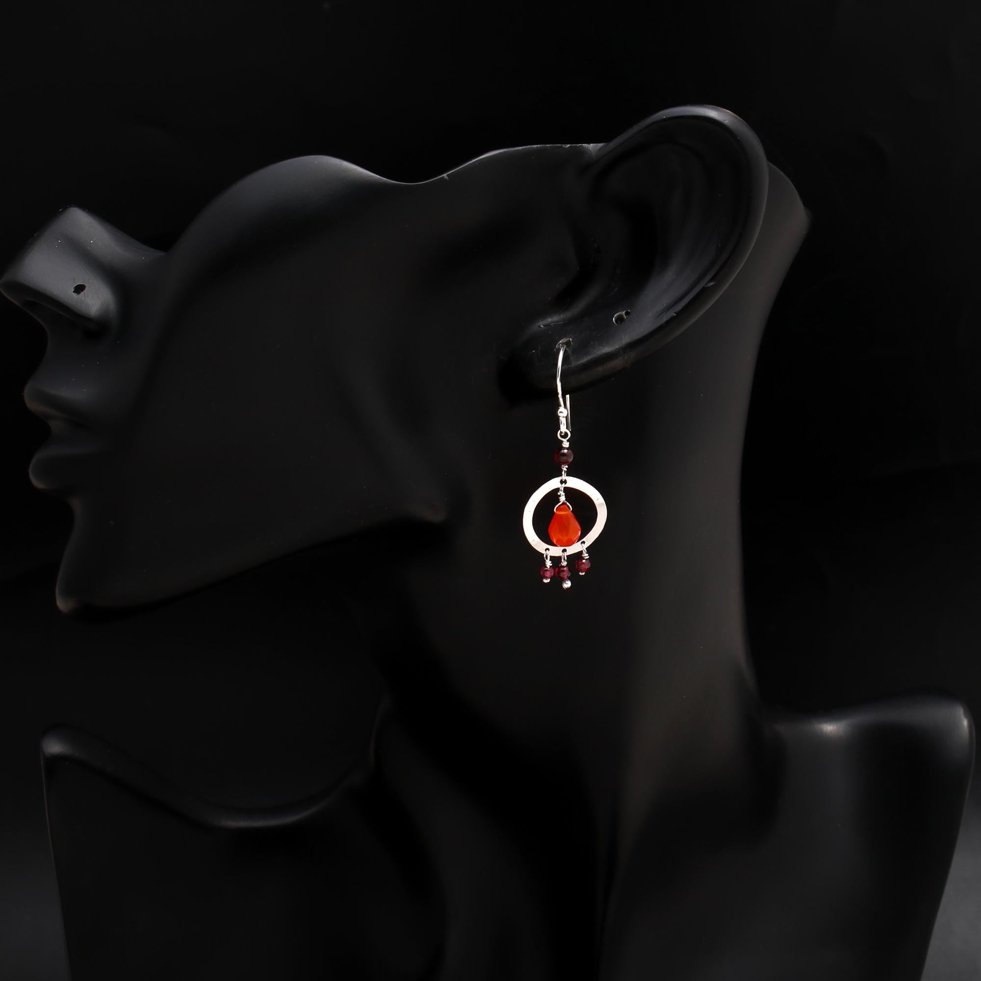 925 Silver Carnelian and Garnet Dangle Earrings