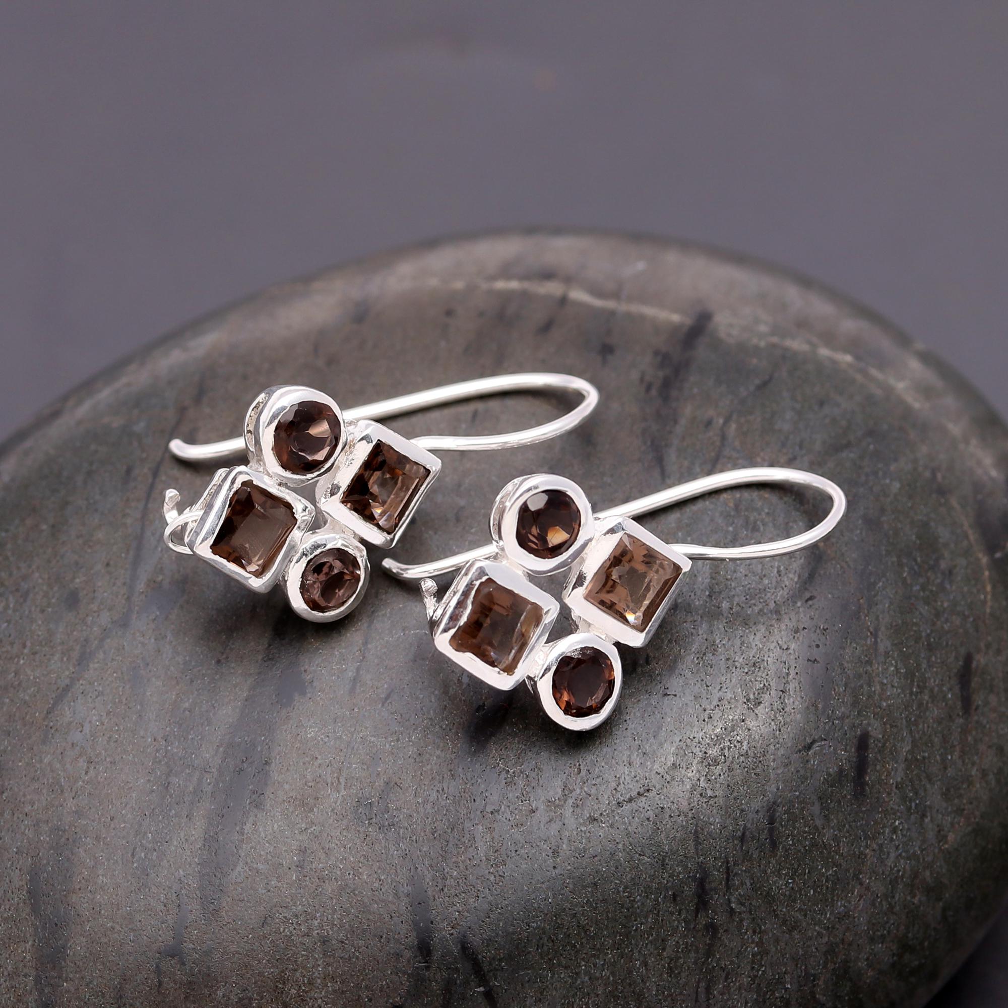 925 Silver Smoky Quartz Cluster Dangle Earrings