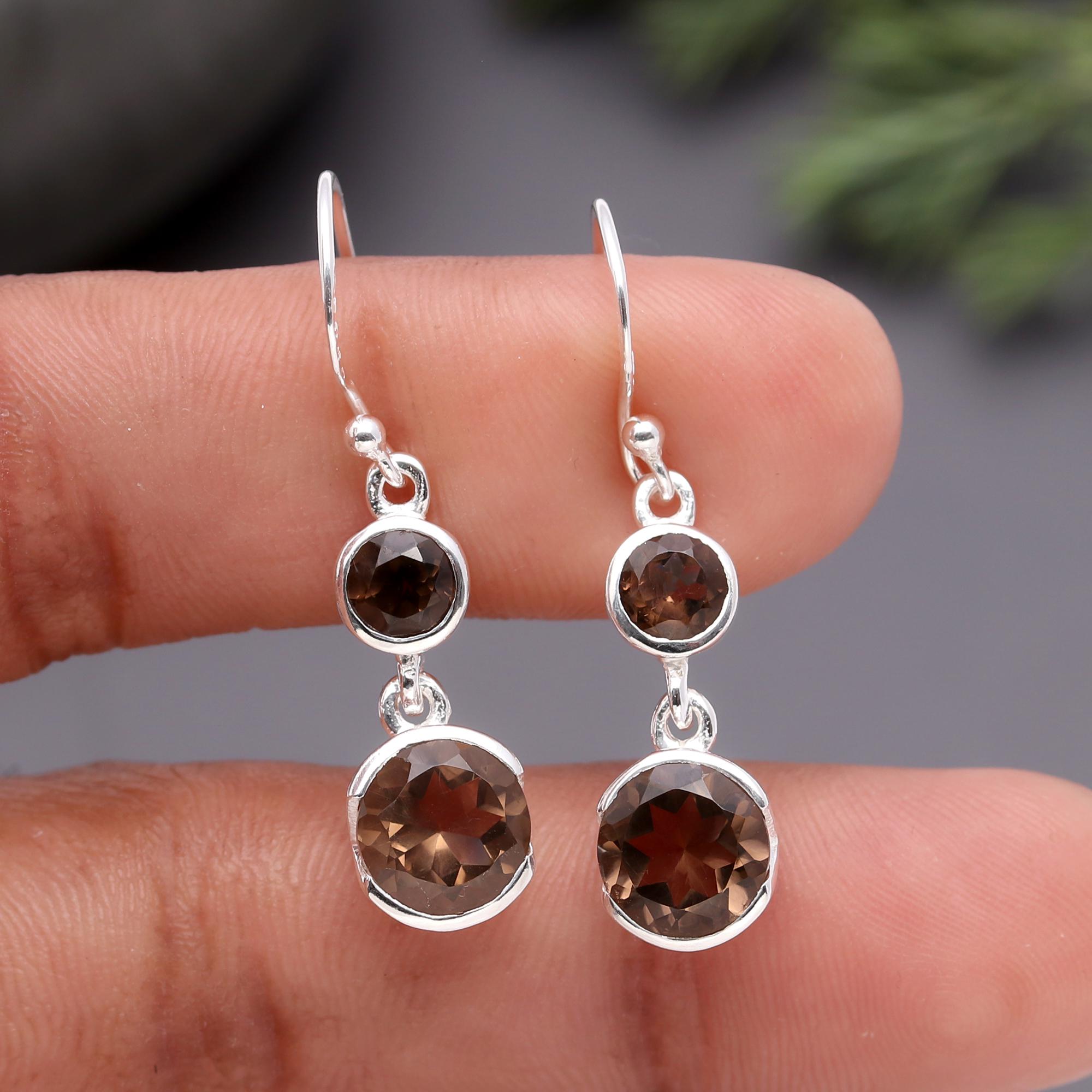 925 Silver Double Smoky Quartz Dangle Earrings