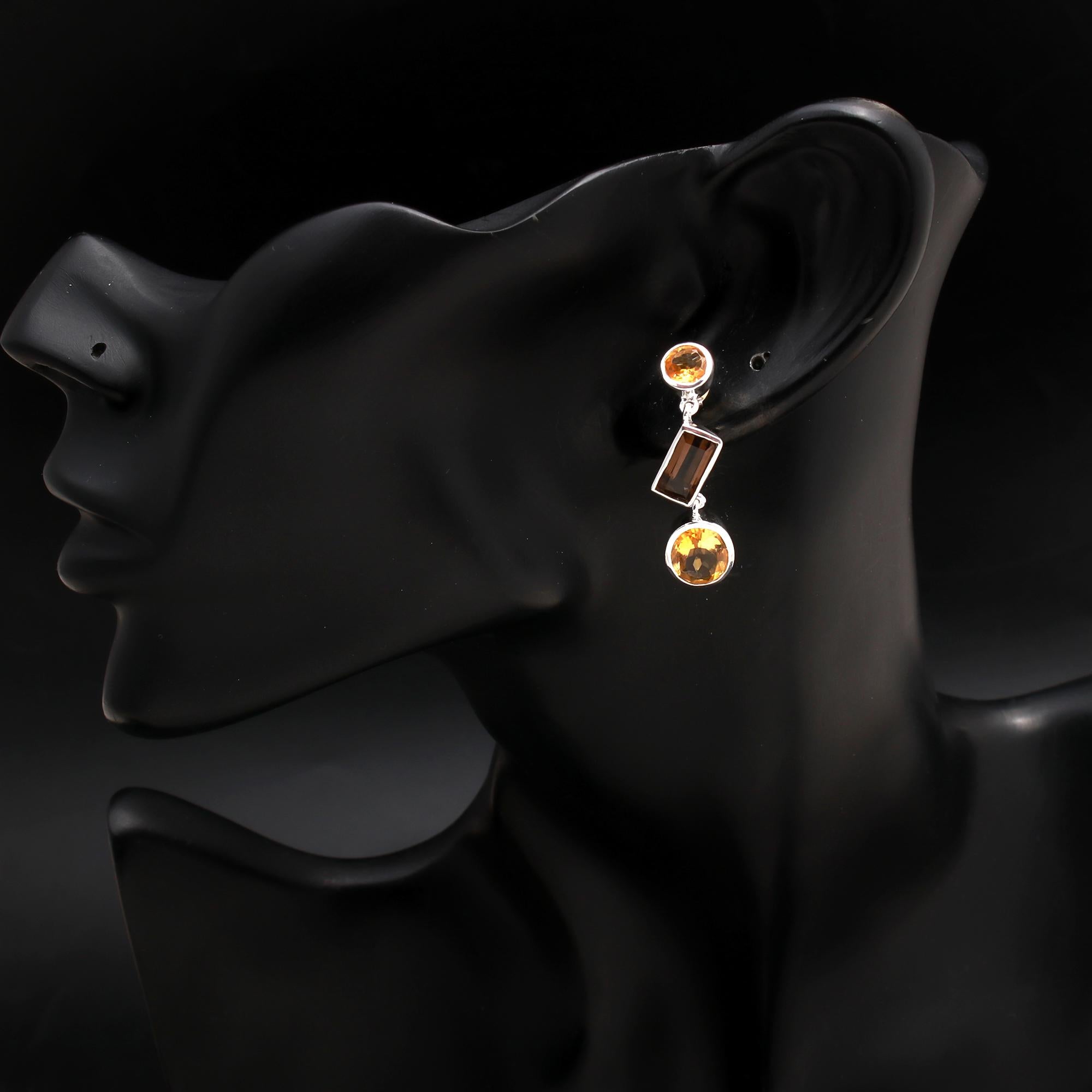 925 Silver Citrine and Smoky Quartz Drop Earrings