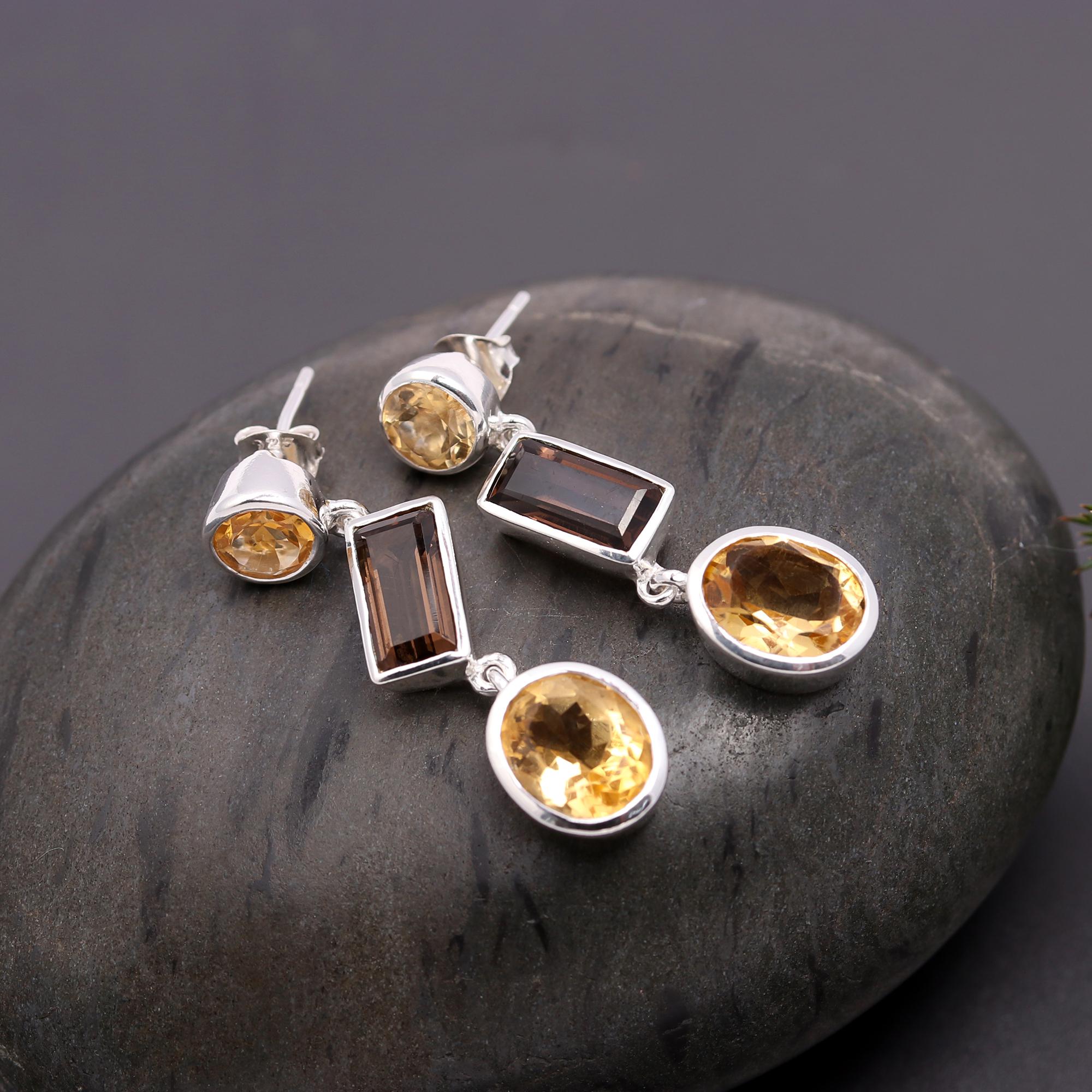 925 Silver Citrine and Smoky Quartz Drop Earrings