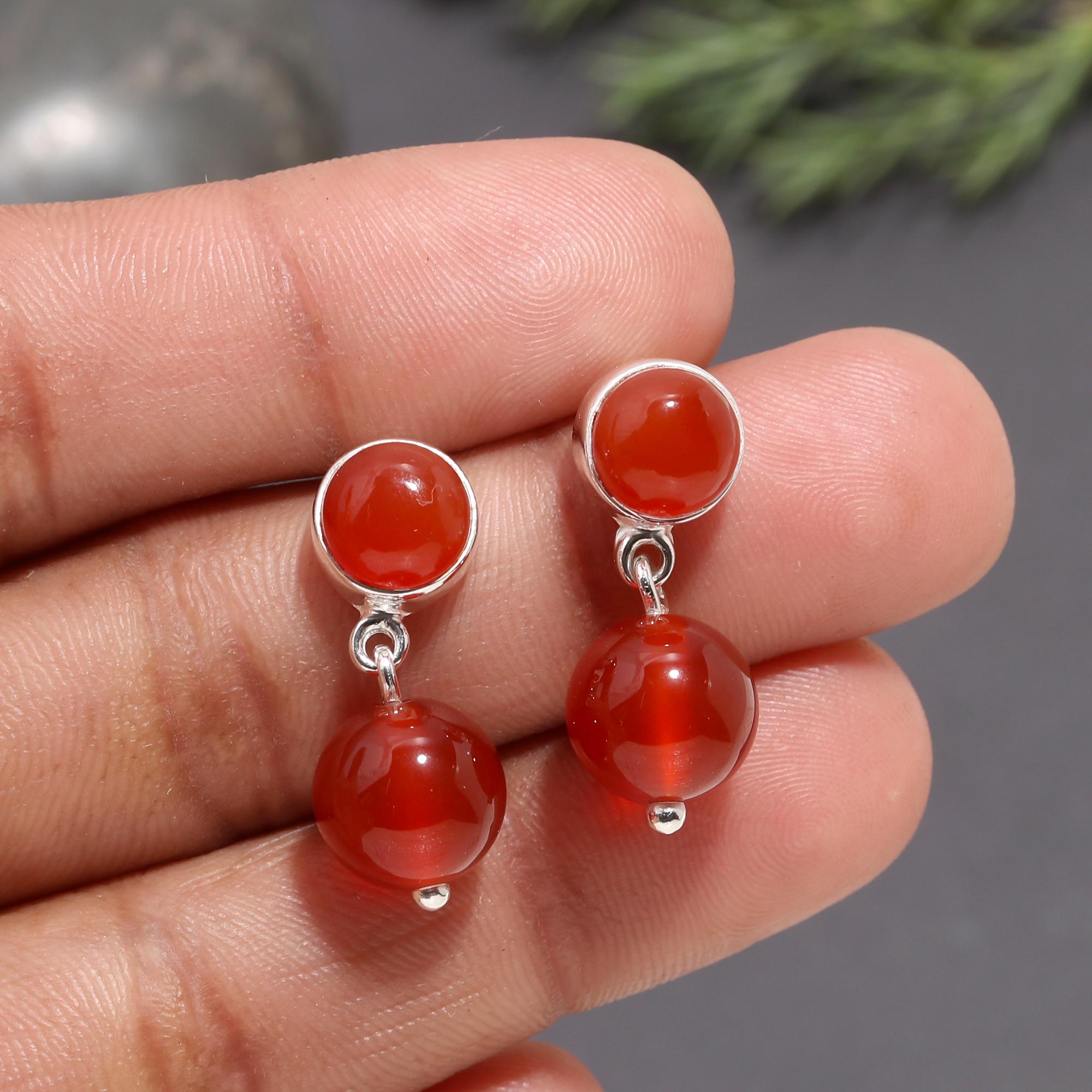 925 Silver Carnelian Double Bead Drop Earrings
