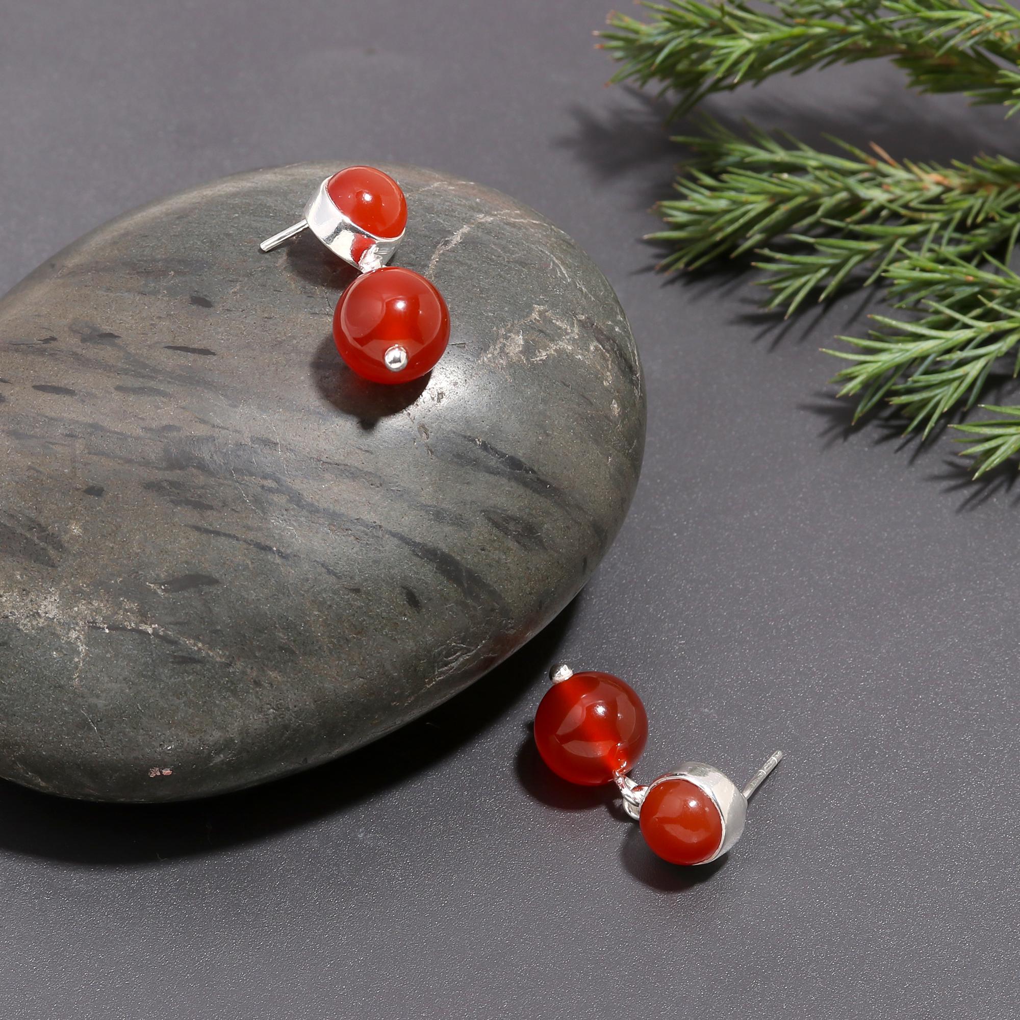 925 Silver Carnelian Double Bead Drop Earrings