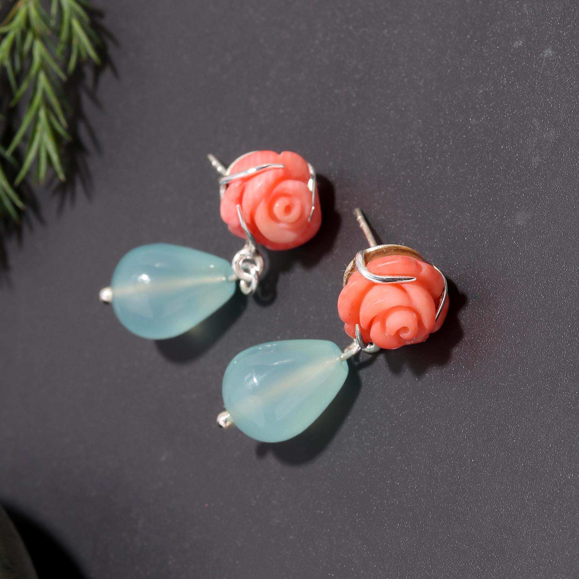925 Silver Coral Rose and Aqua Chalcedony Drop Earrings