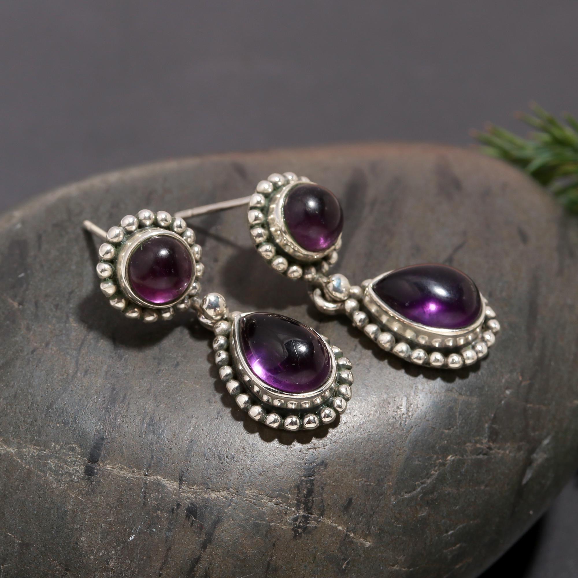 925 Silver Amethyst Beaded Dangle Earrings