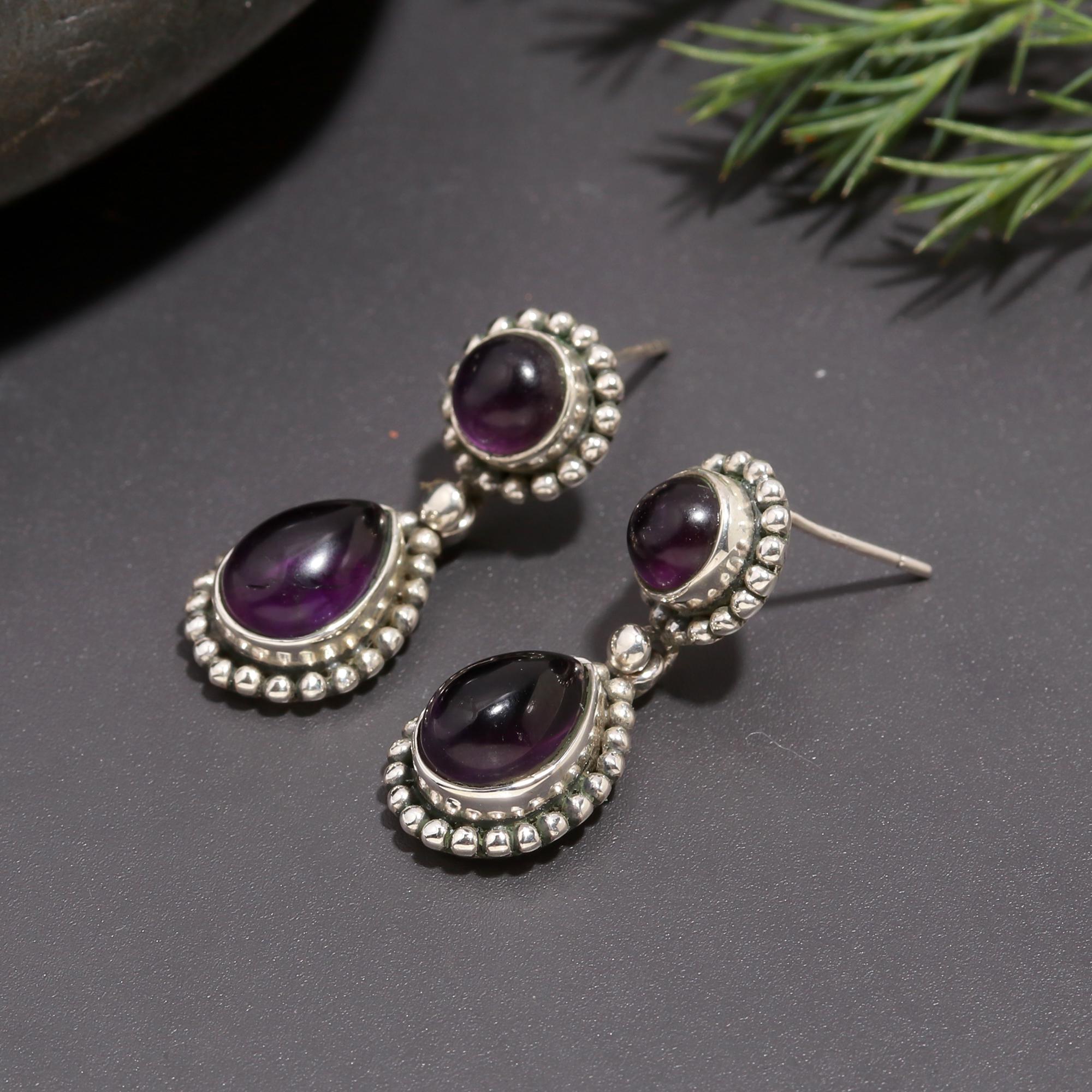 925 Silver Amethyst Beaded Dangle Earrings