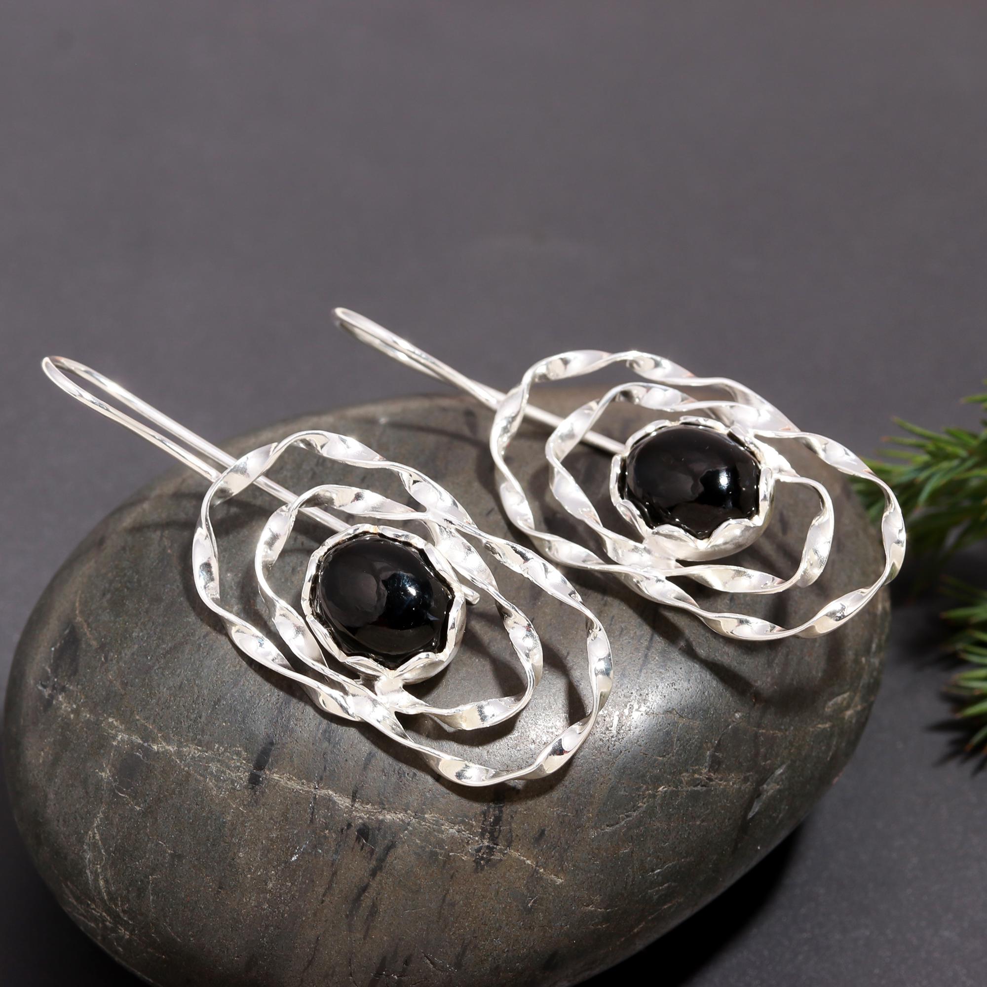 925 Silver Textured Black Onyx Dangle Earrings