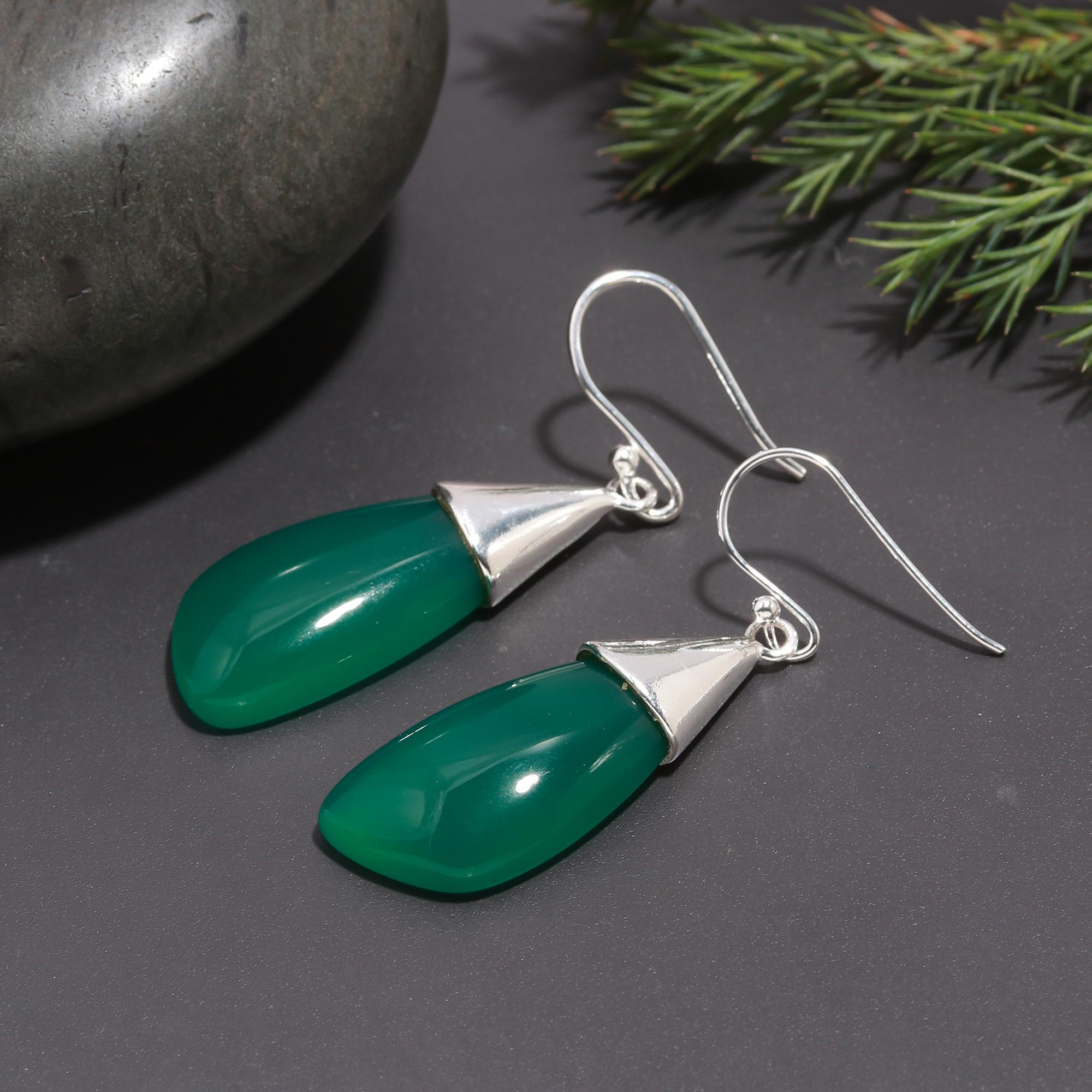 925 Silver Green Onyx Dangle Earrings