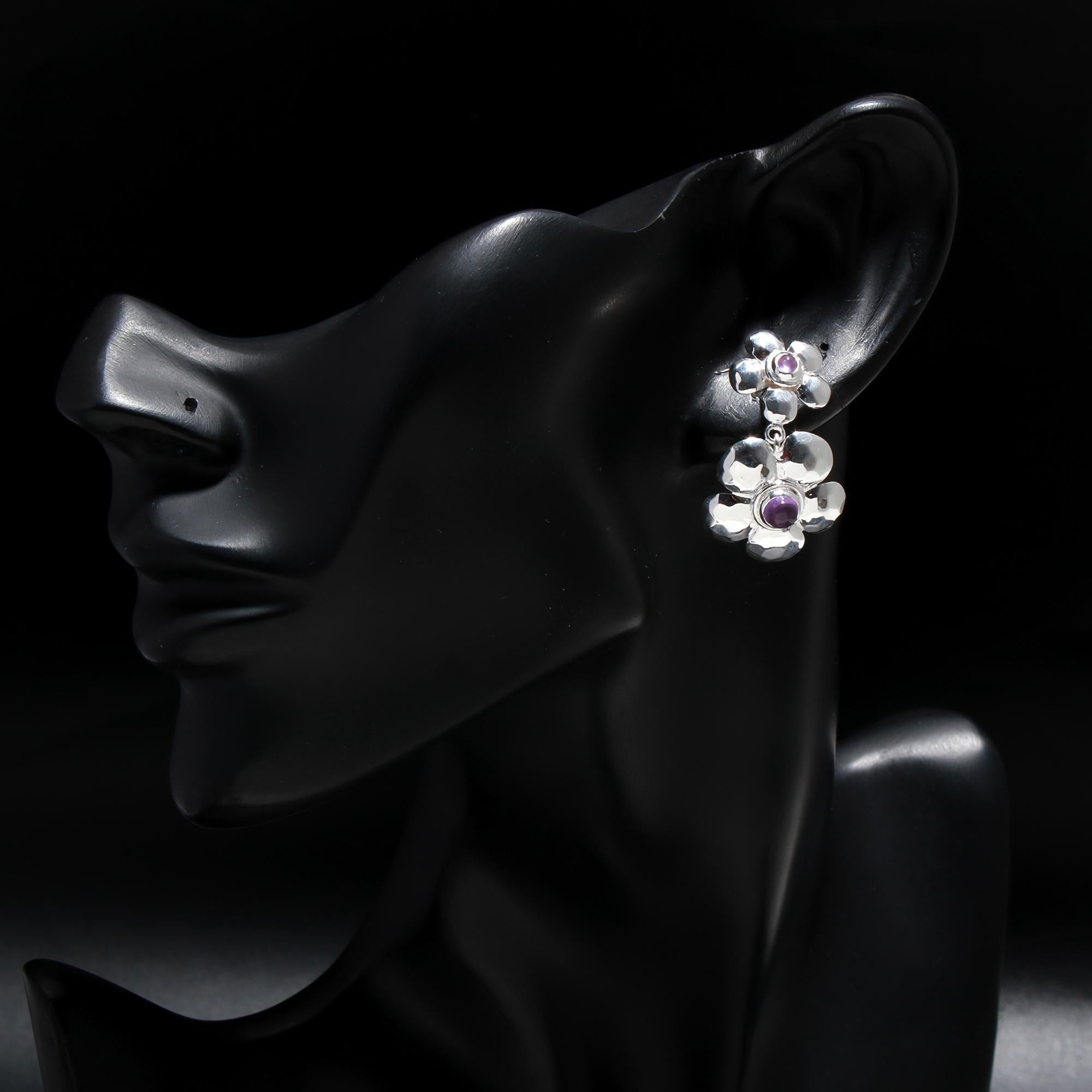 925 Silver Double Flower Amethyst Drop Earrings