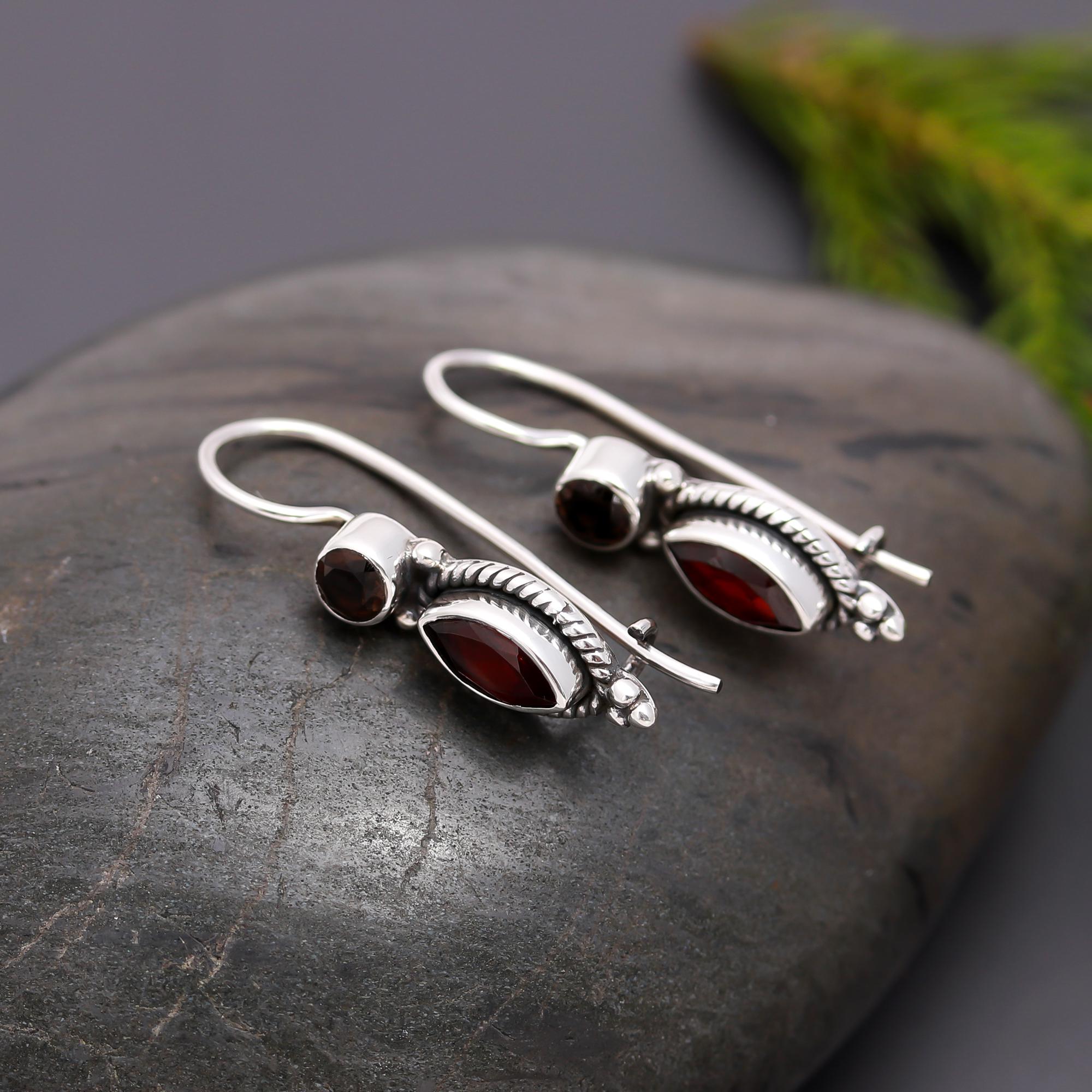 925 Silver Garnet Dangle Earrings