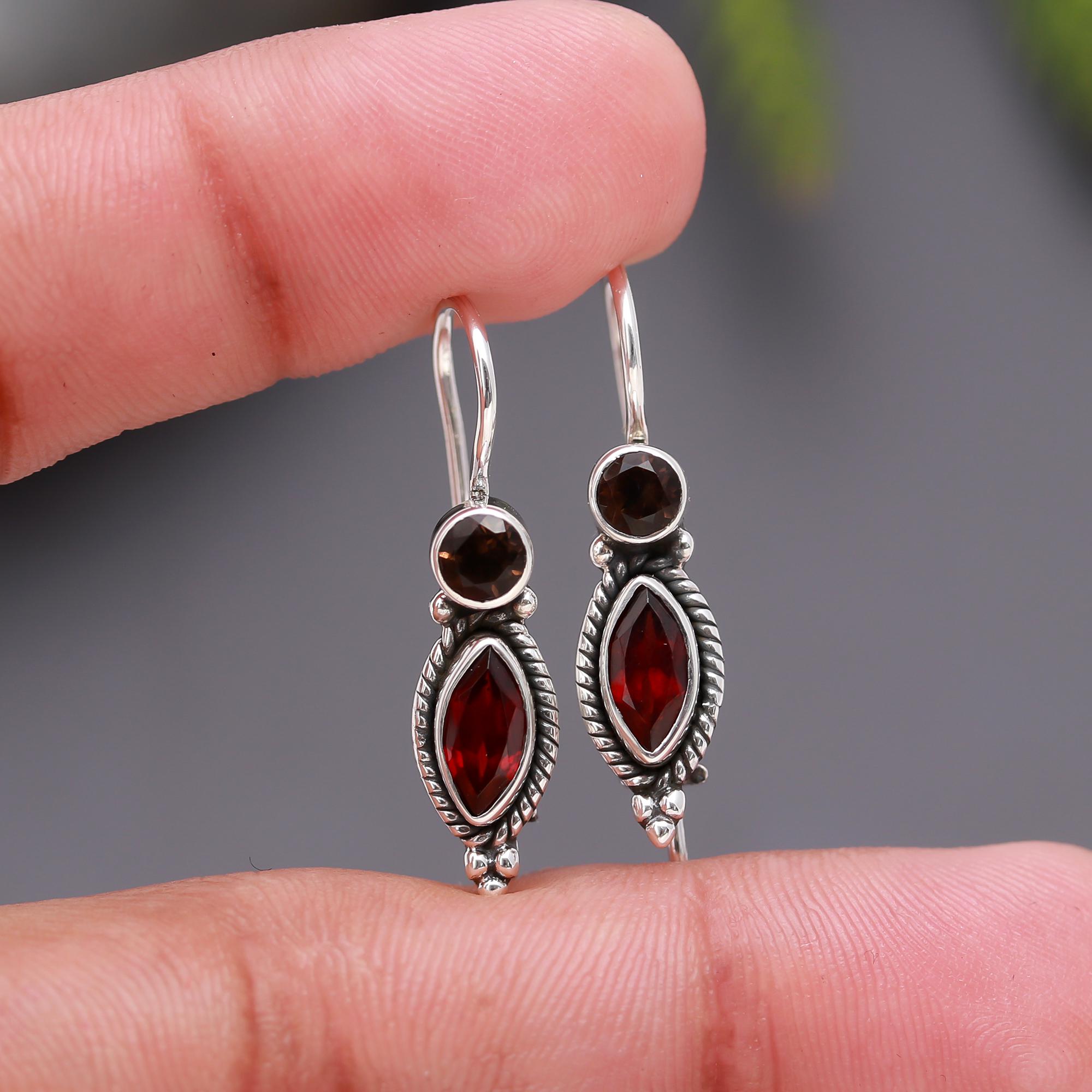 925 Silver Garnet Dangle Earrings
