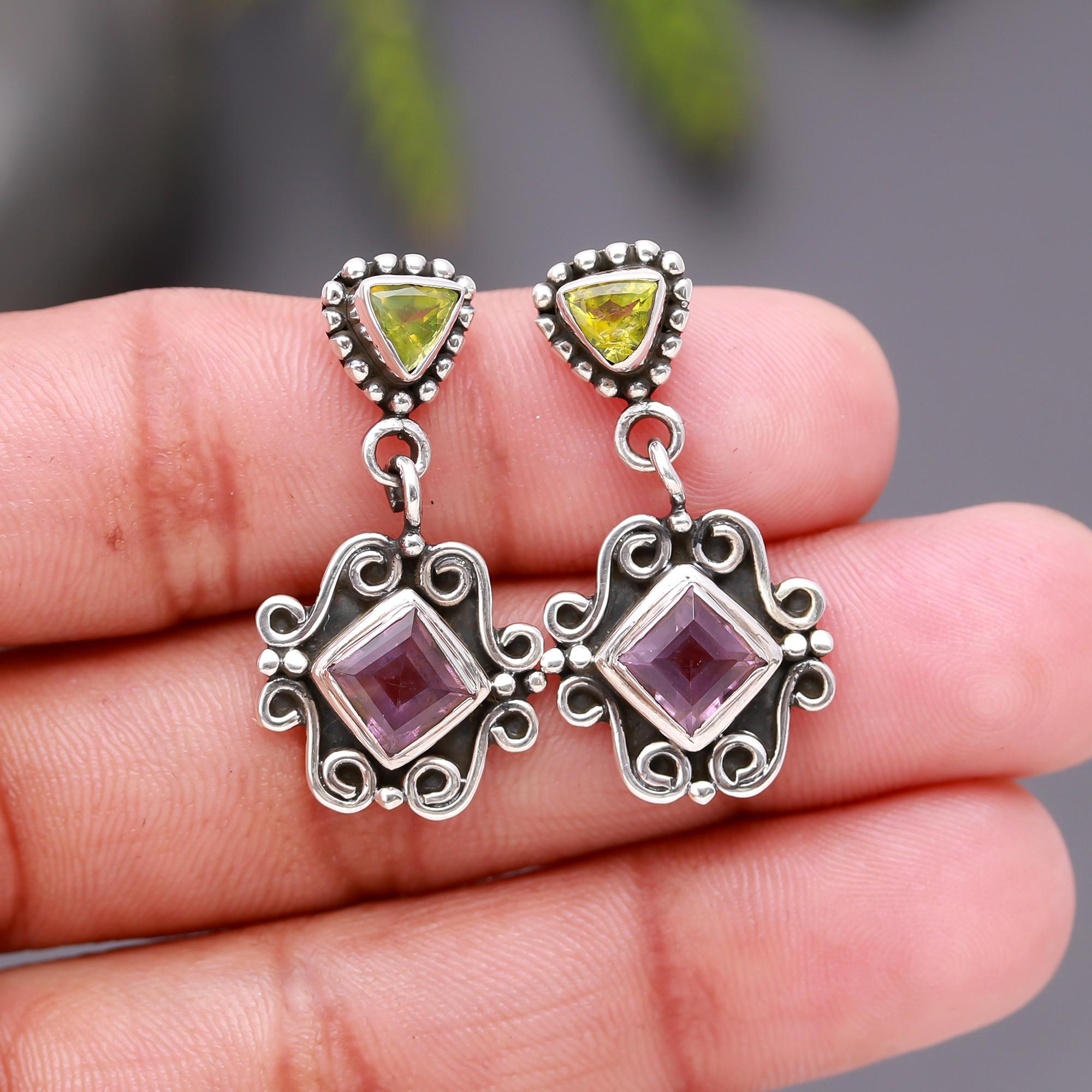 925 Silver Amethyst and Peridot Drop Earrings