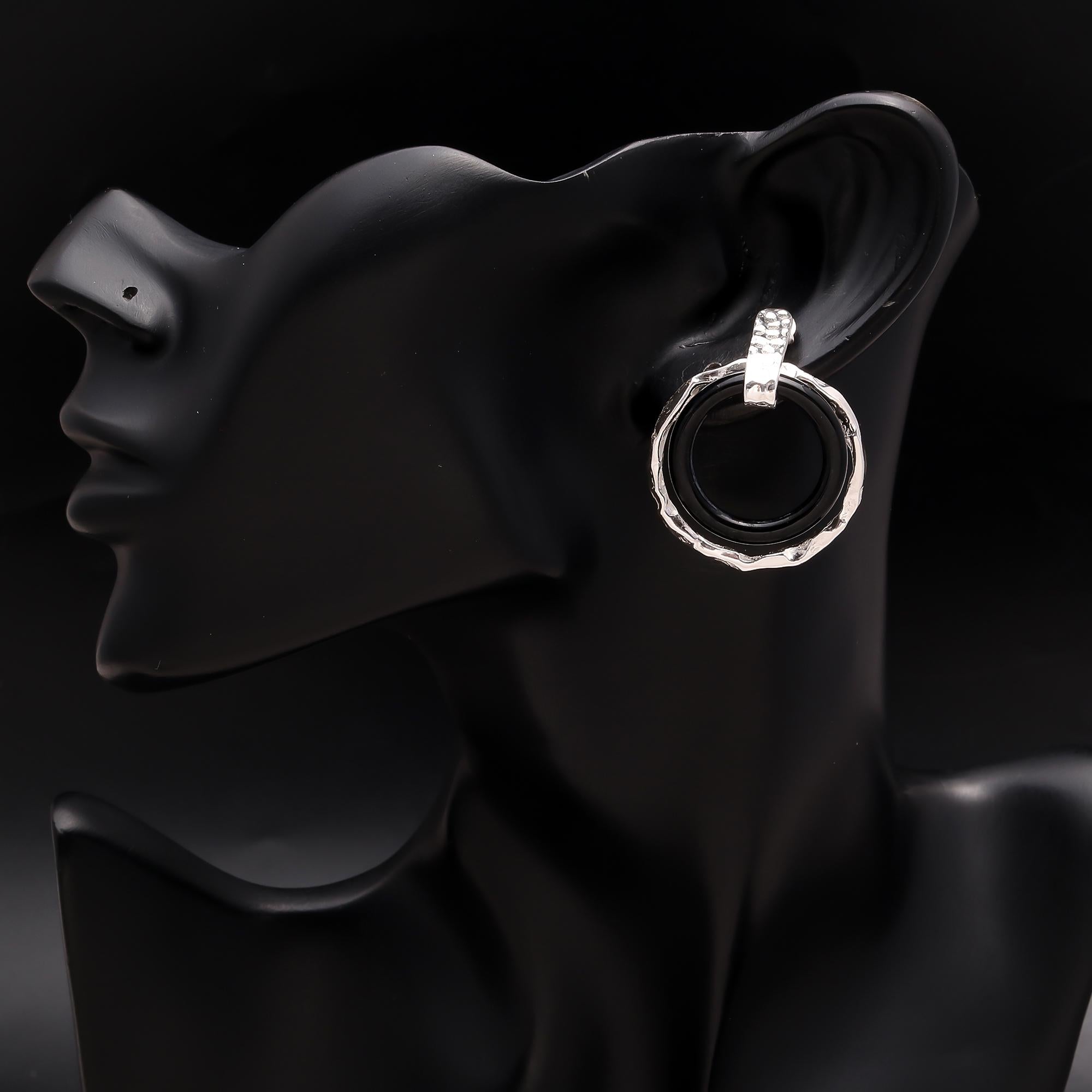 925 Silver Textured Black Onyx Hoop Stud Earrings